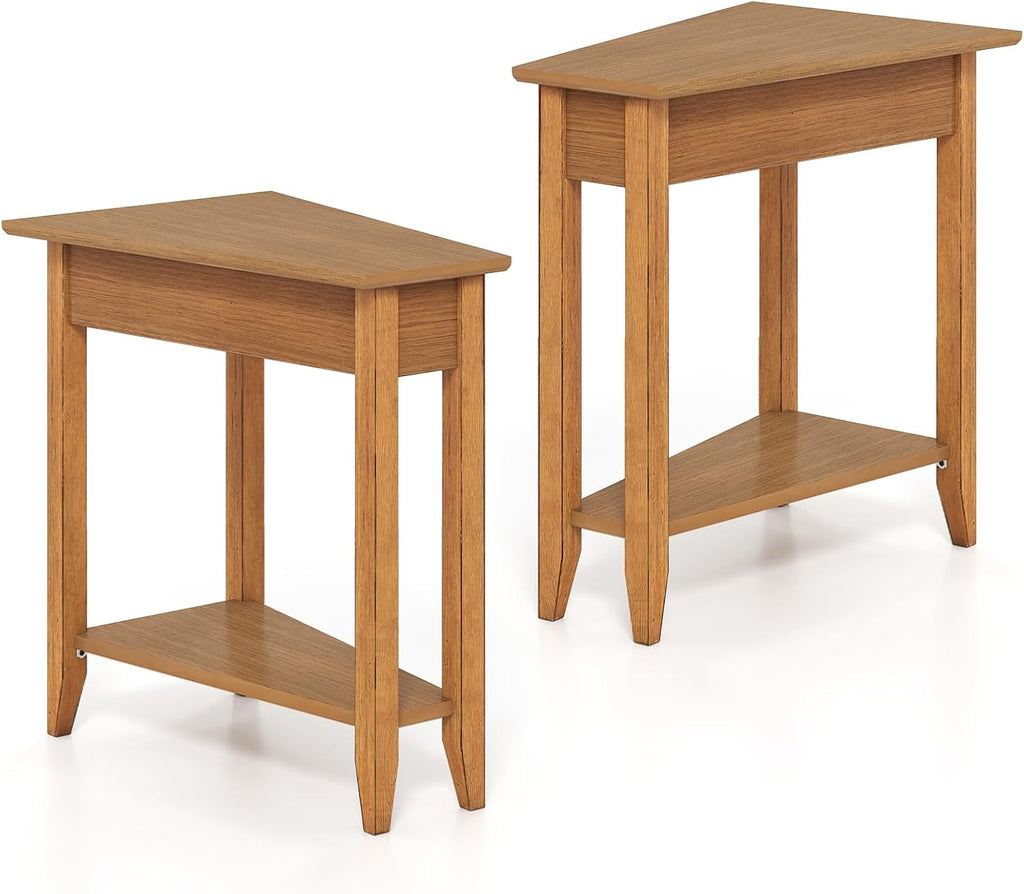 Giantex Wedge End Table, Triangle Side Table with Storage Shelf and Solid Wood Legs, 24.5' Tall Nightstand, Modern Narrow Accent Recliner Table for Small Space Living Room, Walnut