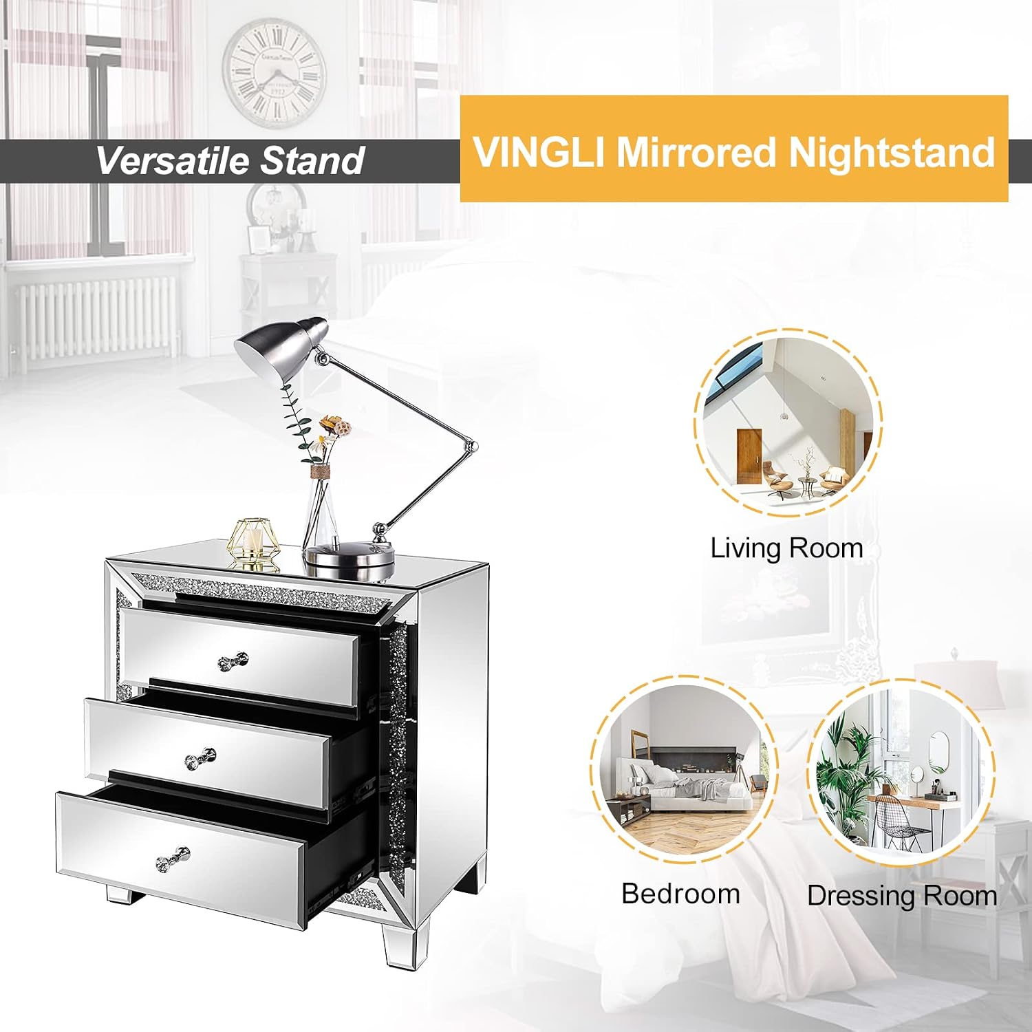 VINGLI Mirrored Nightstands Set of 2, 23' W Glass Mirror Night Stand Set of 2, Modern Bedside Table 3 Drawer Glass Side End Table Silver Dresser for Bedroom, 23'W x 13.8'D x 24.8'H