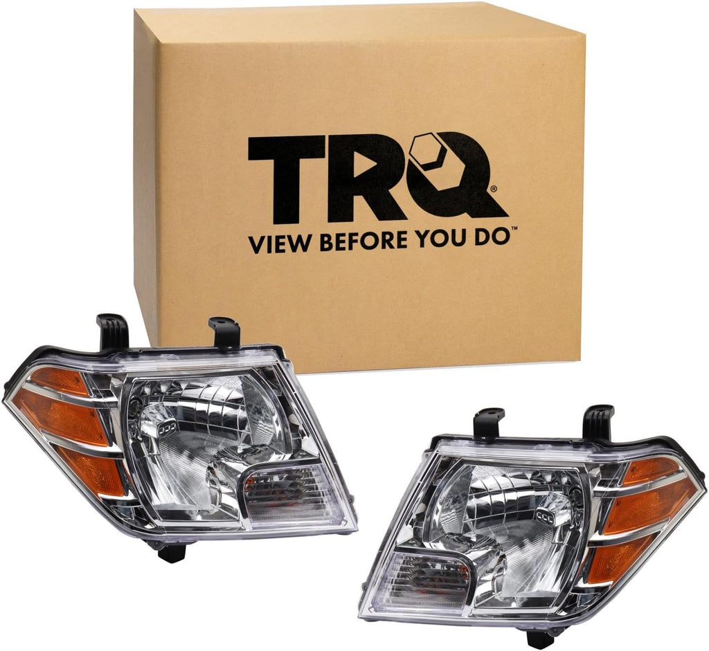 TRQ 2 Piece Headlight Assembly Set Chrome Bezel Driver & Passenger Side Compatible with Nissan Frontier 2009-2021 NI2502188 NI2503188 26010ZL40B 26060ZL40B
