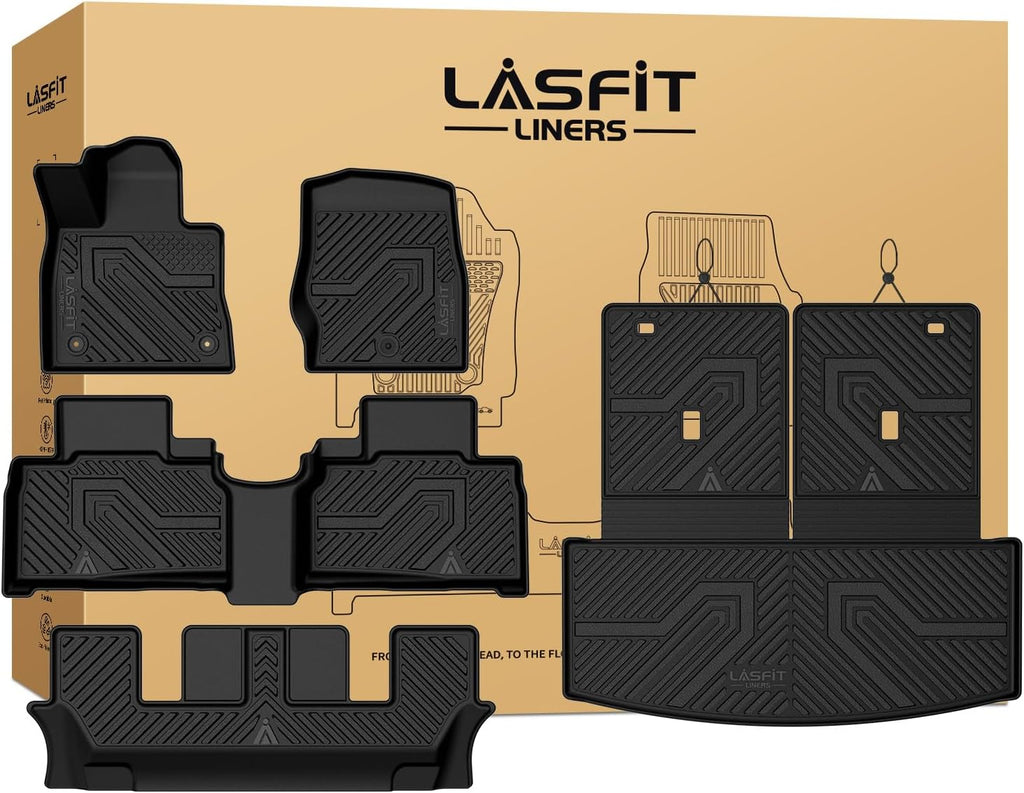 LASFIT Floor Mats & Cargo with Backrest Mat for Ford Explorer 2020-2021 6 Passenger, Custom Fit All Weather Protector TPE Easy Clean Floor Liners, 5pcs Full Set Black