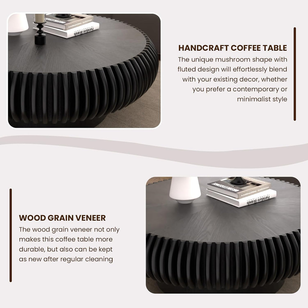 Round Drum Coffee Table for Living Room, Mid Century Modern Coffee Table with Sturdy Pedestal, Farmhouse Fluted Circle Center Table Accent Tea Table for Apartment (31.5' Black)