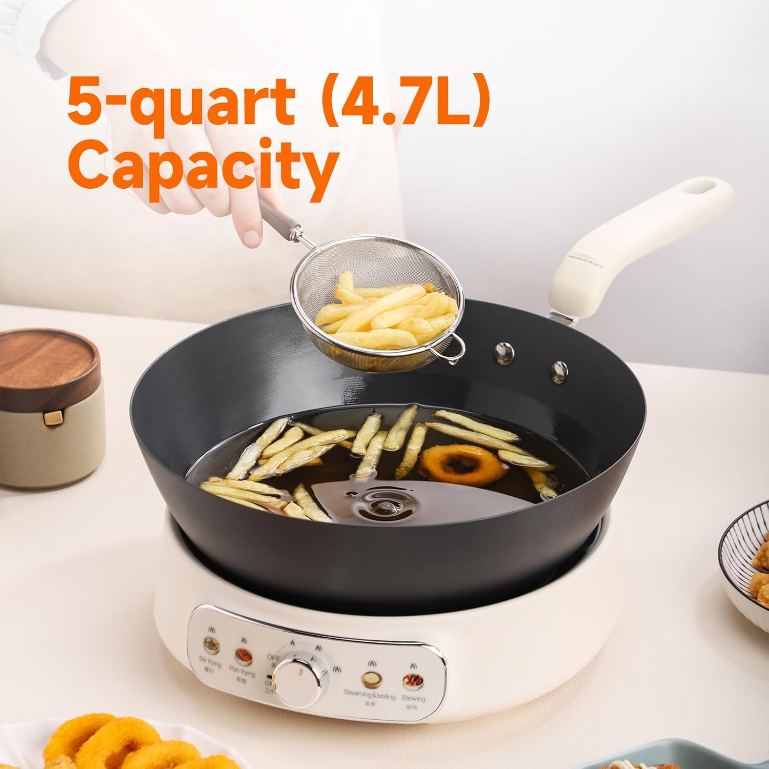 Joydeem 5Qt Electric Skillet, Pure Iron Nonstick Frying Pan with Glass Lid & Steamer Rack, 1600W 3-Level Heat Control, Removable Pot, Family-Sized Cooker for Boil Steam Sauté, 11.81inch