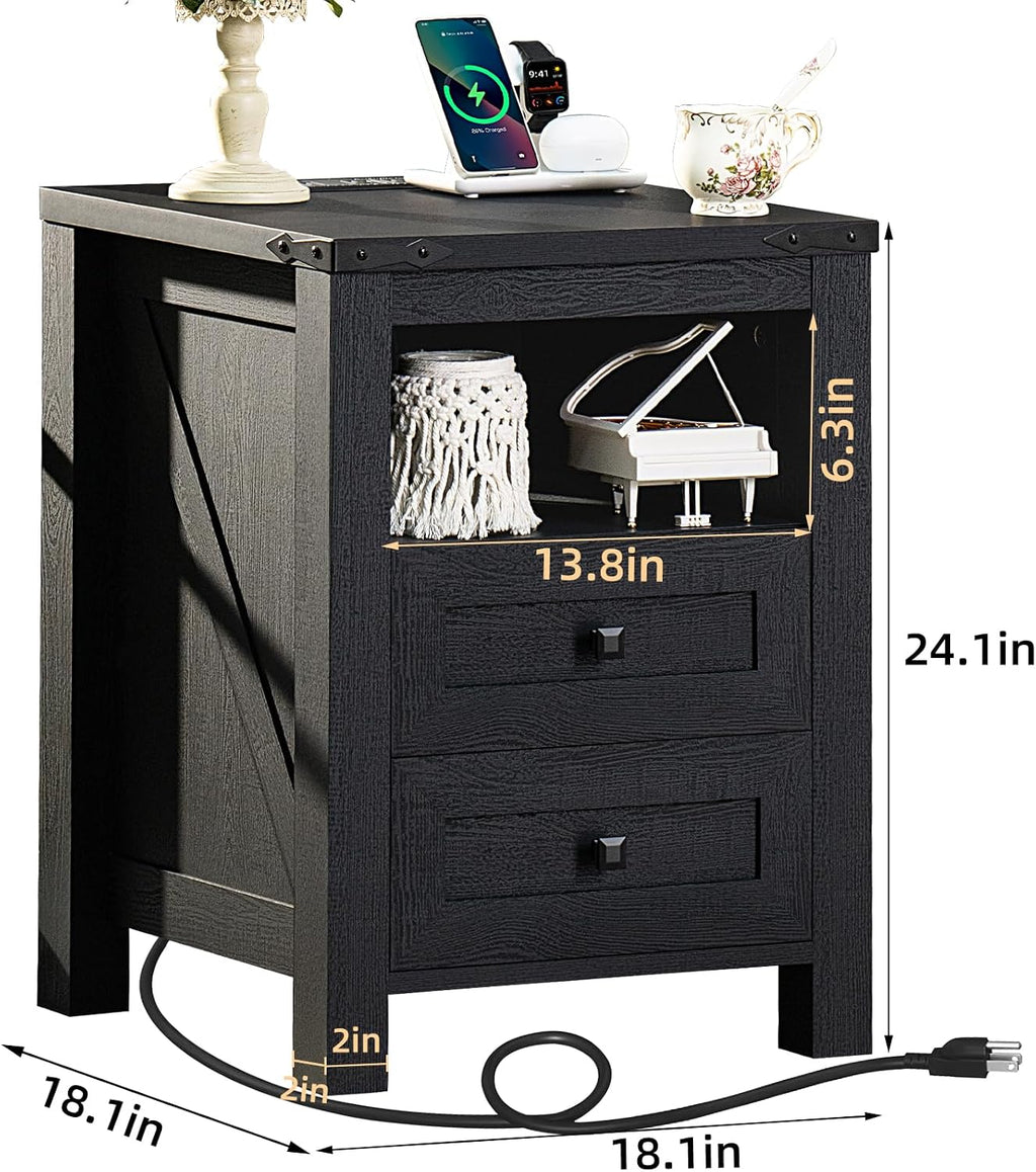 Joaxswe Night Stands with Charging Station Set of 2, Farmhouse Nightstand, Wooden Bedside End Tables with 2 Drawers and Open Shelf, Bed Side Table for Bedroom, Living Room, Closet, Office (Black)