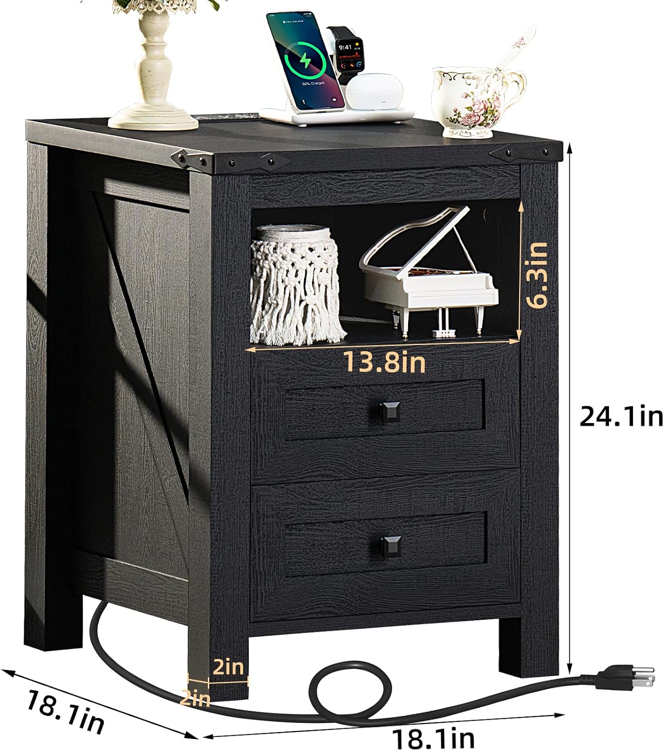 Joaxswe Night Stands with Charging Station Set of 2, Farmhouse Nightstand, Wooden Bedside End Tables with 2 Drawers and Open Shelf, Bed Side Table for Bedroom, Living Room, Closet, Office (Black)