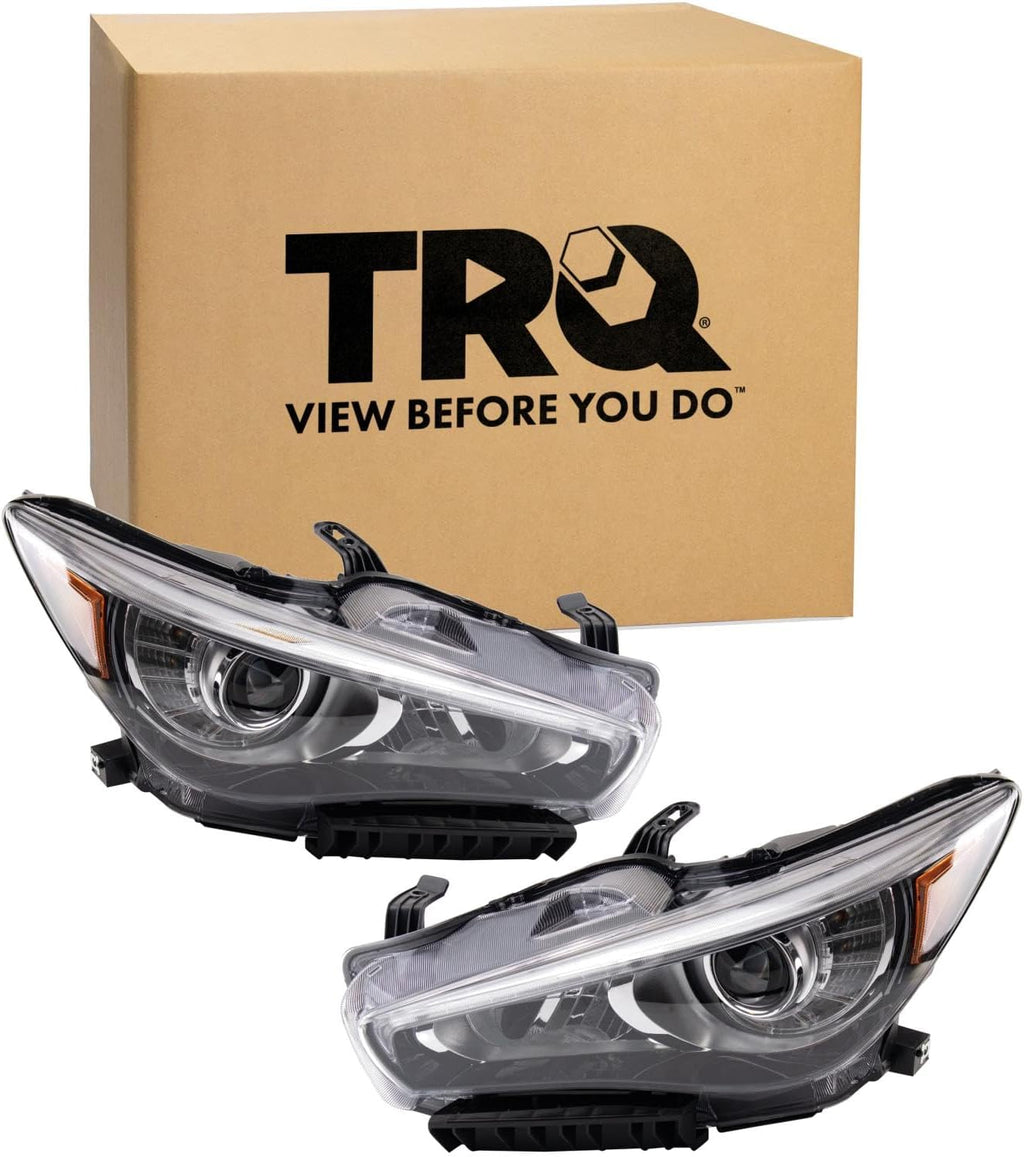 TRQ Driver and Passenger Side Headlight Assembly Set Compatible with 14-17 Infiniti Q50 without Adaptive Headlights LED Only