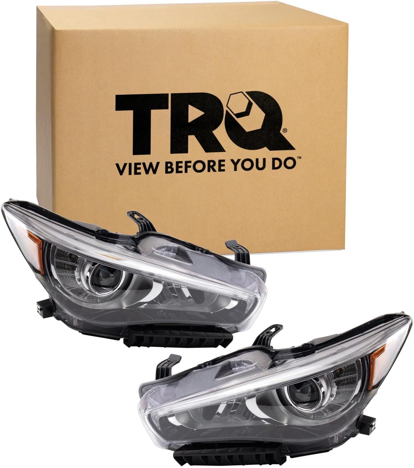 TRQ Driver and Passenger Side Headlight Assembly Set Compatible with 14-17 Infiniti Q50 without Adaptive Headlights LED Only
