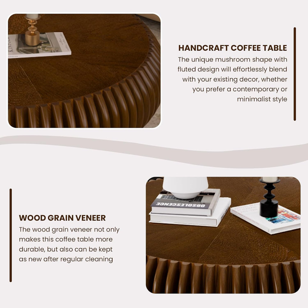 Round Drum Coffee Table for Living Room, Mid Century Modern Coffee Table with Sturdy Pedestal, Farmhouse Fluted Circle Center Table Accent Tea Table for Apartment (Large Walnut)