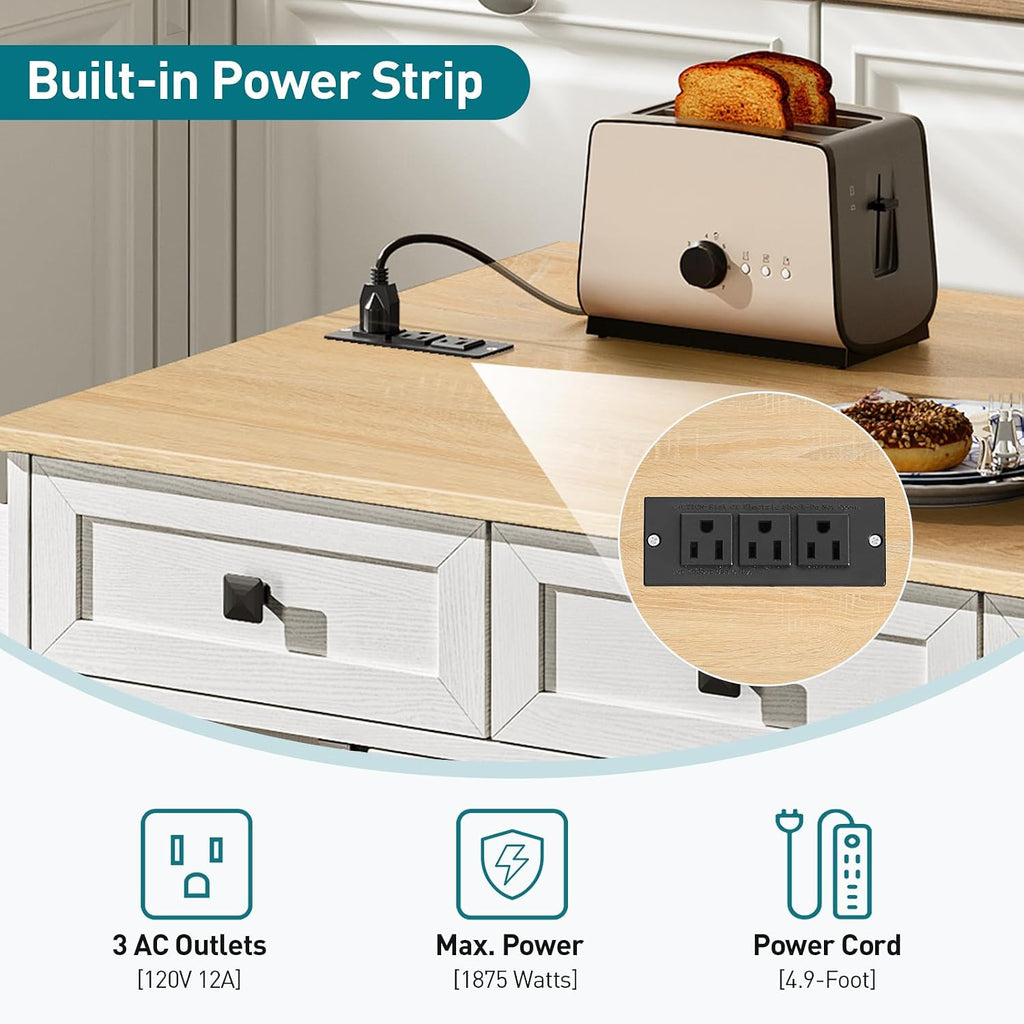 RALGEND Kitchen Island with Drop Leaf & Power Outlet, Rolling Kitchen Island Cart On Wheels, Barn Door Kitchen Island Table with Storage and Tower Rack, Island Table for Kitchen, White and Natural