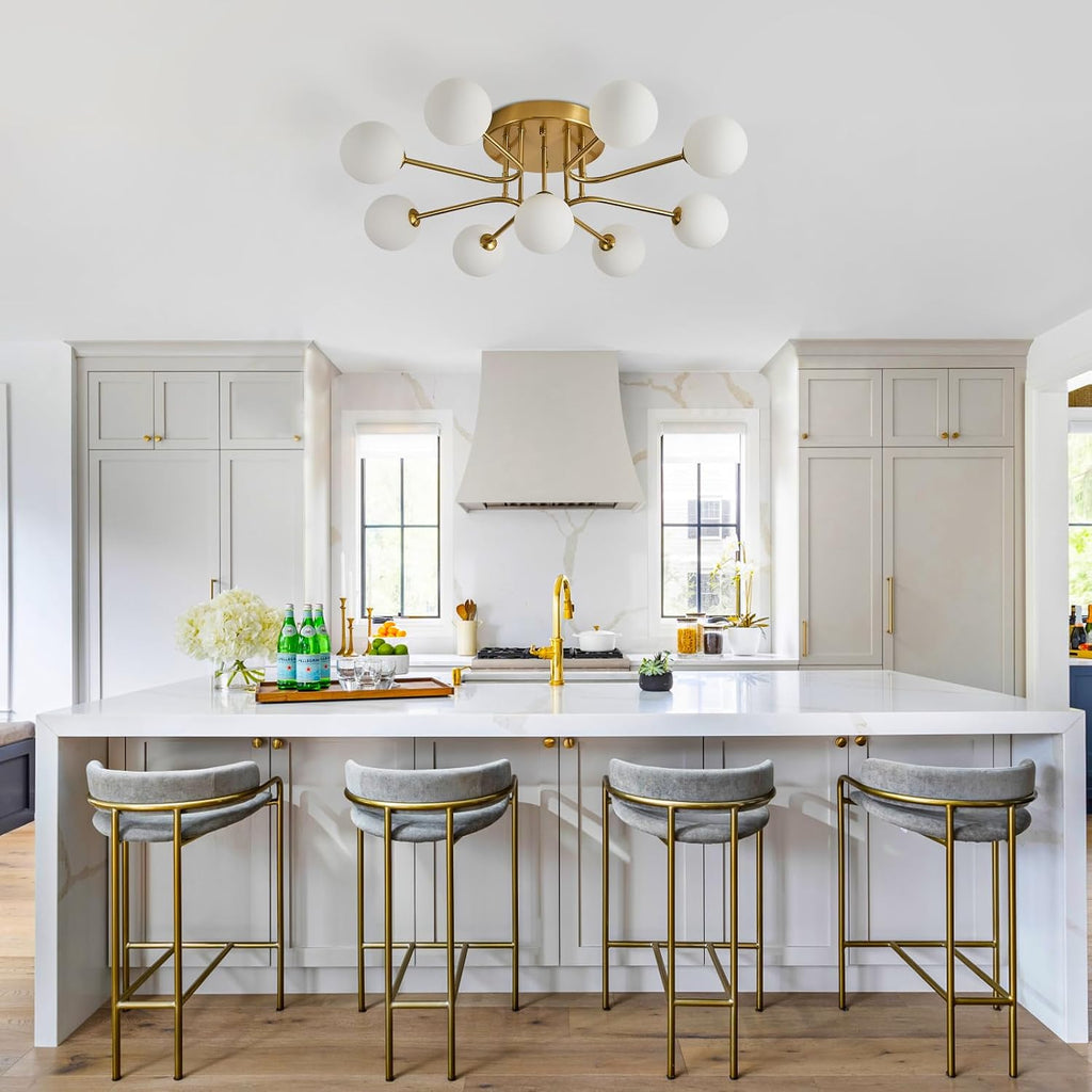 Semi Flush Mount Ceiling Light Fixture,Modern Gold Globe Sputnik Chandeliers 9-Light Mid Century Milk Glass Chandelier for Dining Room,Kitchen Island,Bedroom,Living Room,Entryway,Foyer,33 Inch