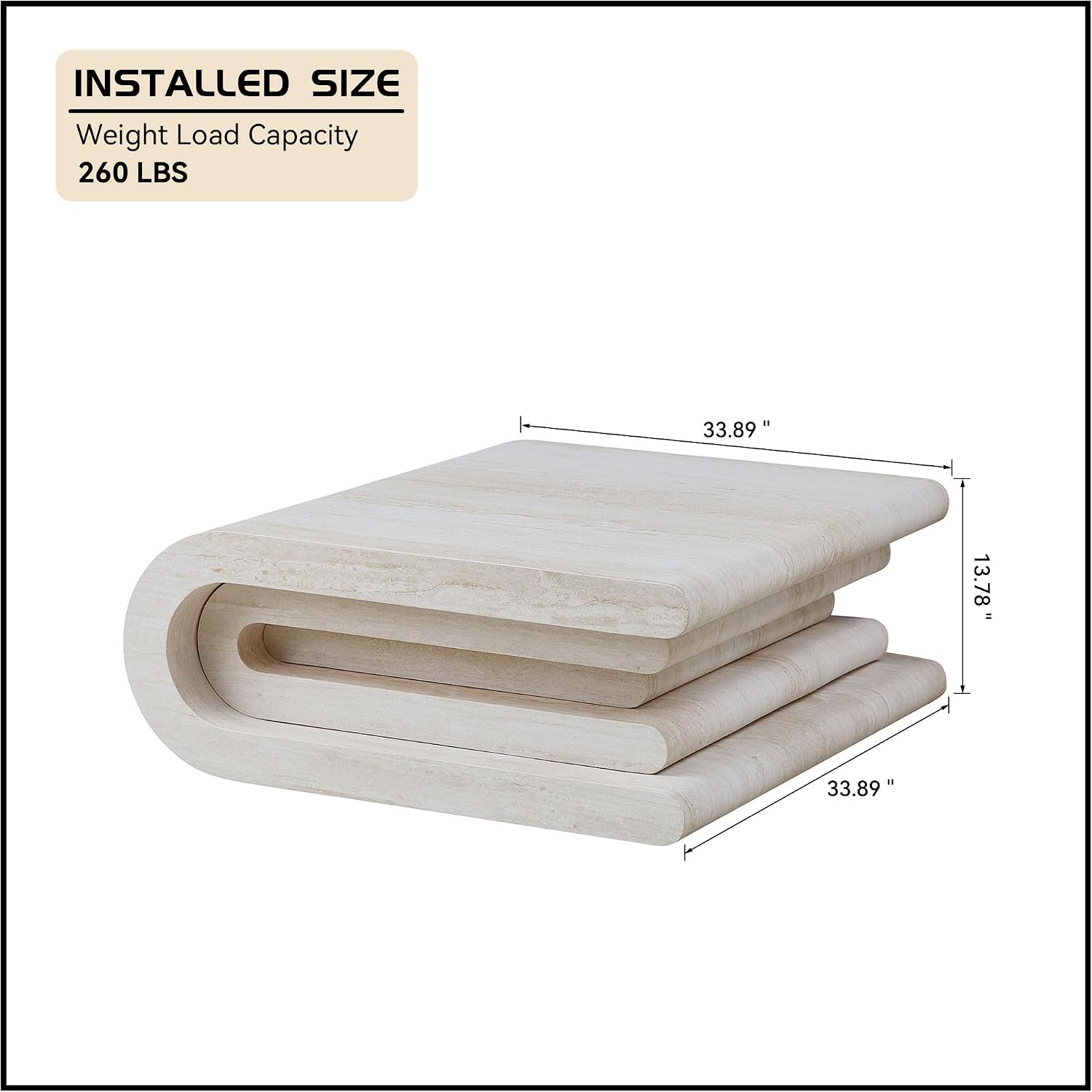 Square Coffee Table 33.86' Faux Marble Pattern Wood Center Table with Layered Base for Living Romm Apartment, No Need Assembly