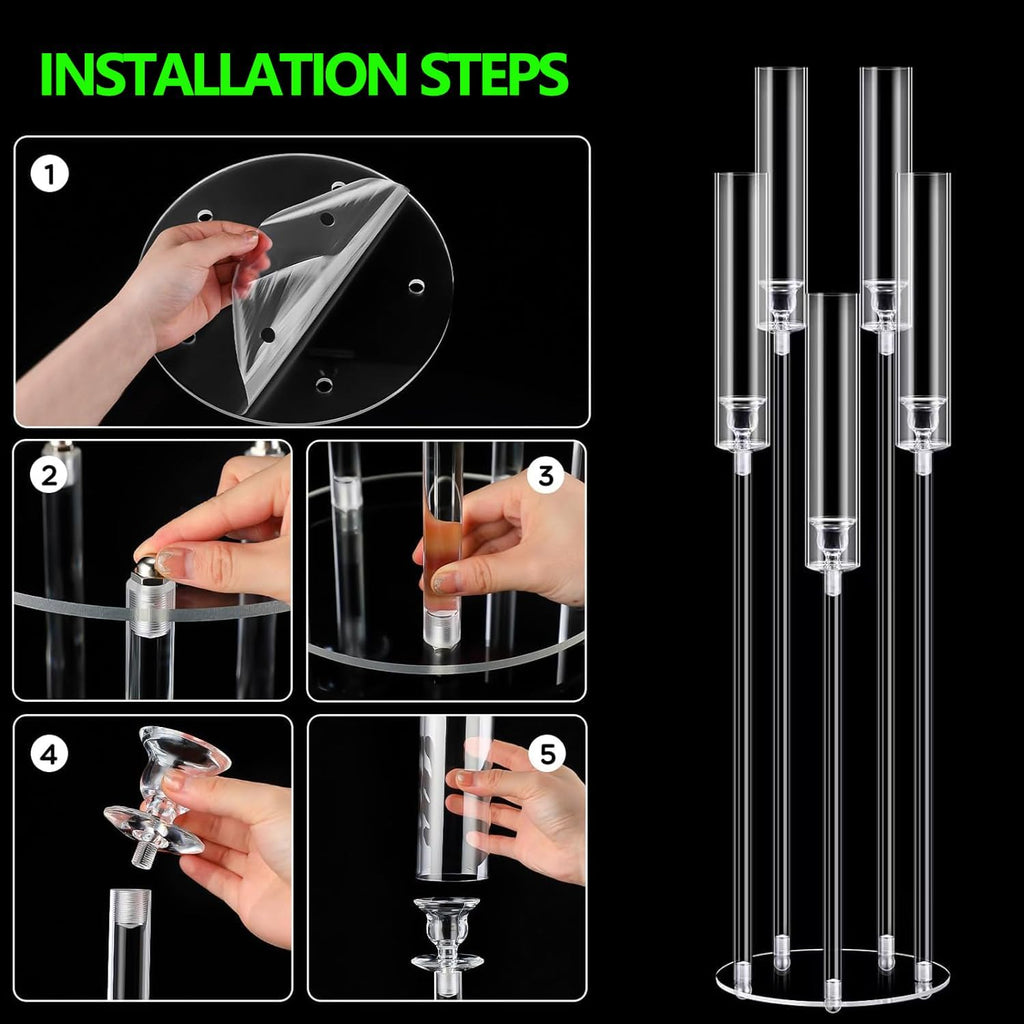 8 Sets Acrylic Floor Candelabra Centerpieces for Wedding, 33.9Inches Tall Candelabra Candle Holder with LED Candles 5 Arm Candlesticks Holder with Acrylic Shade for Table Dinner Party Fireplace Decor