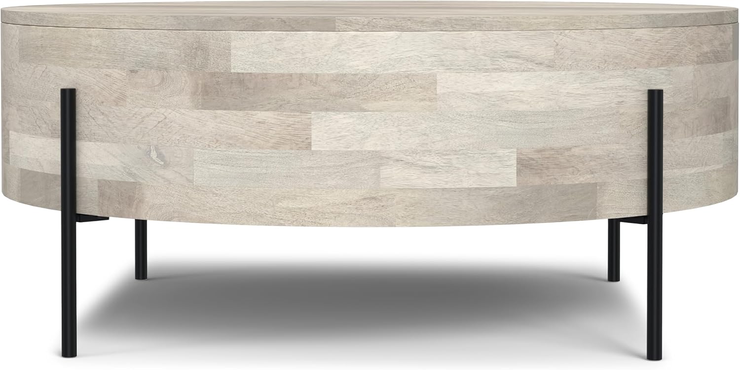 SIMPLIHOME Rayburn Drum Coffee Table - 38 inch Wide Solid Mango Wood Round Living Room Table in White Wash, Modern Urban Center Table for Family Room with Black Metal Legs and Large Surface