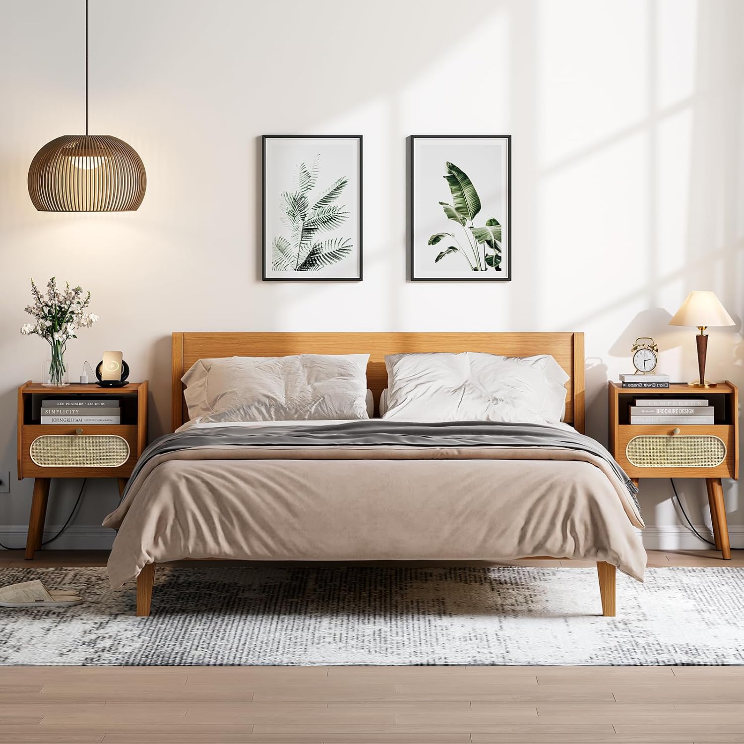 JOINICE End Tables Living Room Set of 2, Mid Century Modern Nightstands with Charging Station, Boho Rattan Bedside Tables with Drawer Storage & Solid Wood Legs, Night Stand Set 2 for Bedroom, Cherry