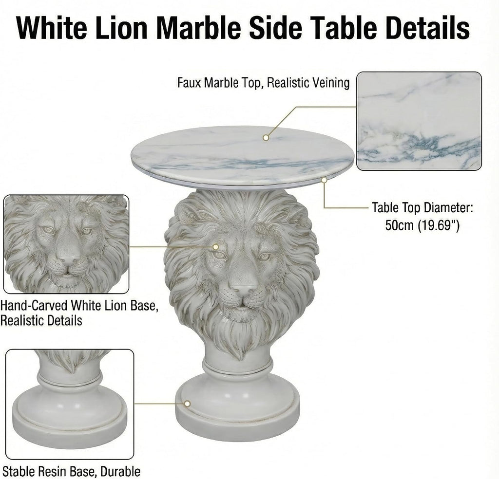 White Lion Head Sculptural Side Table with Faux Marble Top, 19.68' Round Resin Animal End Table, 25.59' H Majestic Accent Table for Living Room & Entryway, Regal Housewarming Gift