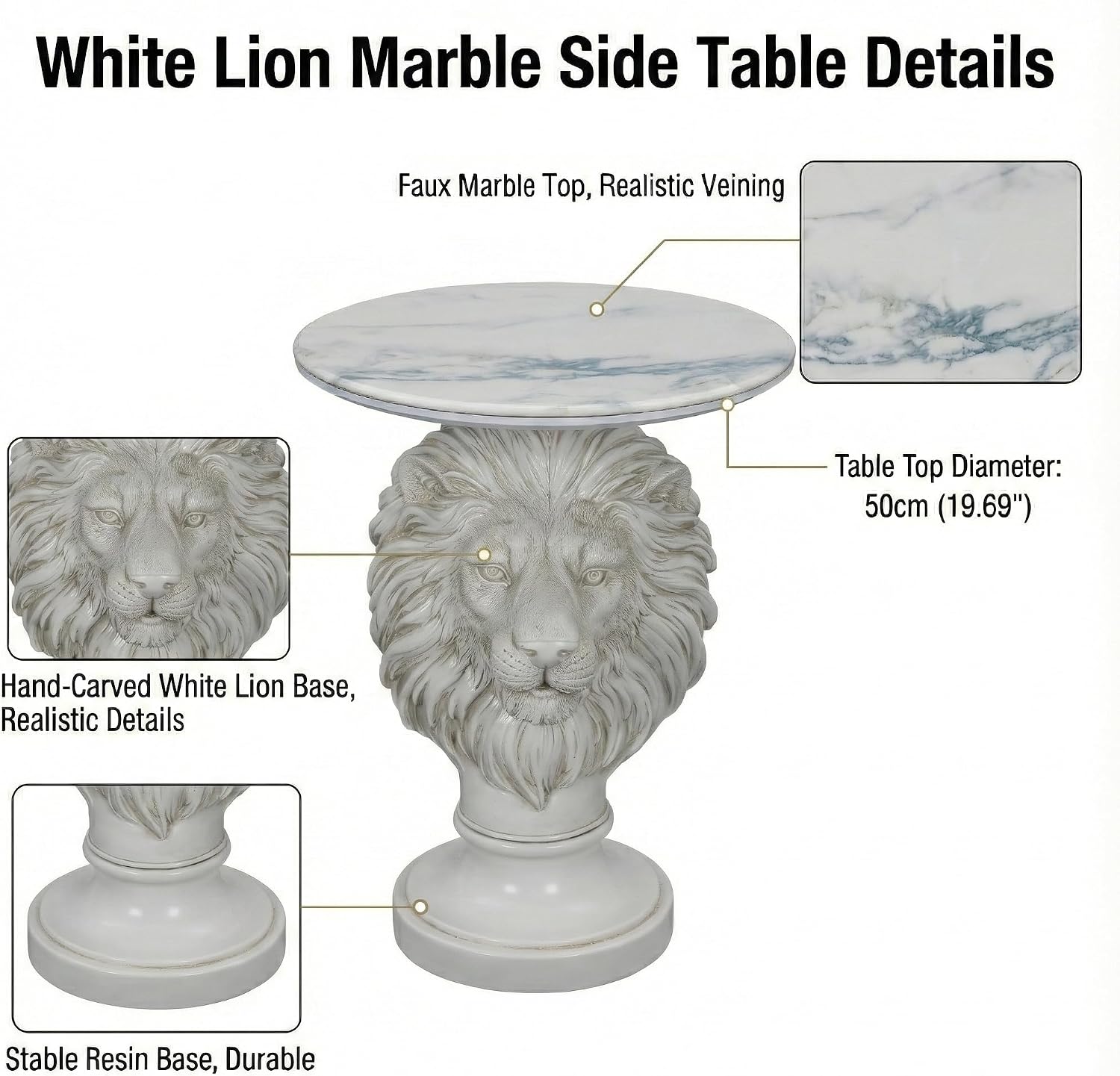 White Lion Head Sculptural Side Table with Faux Marble Top, 19.68' Round Resin Animal End Table, 25.59' H Majestic Accent Table for Living Room & Entryway, Regal Housewarming Gift