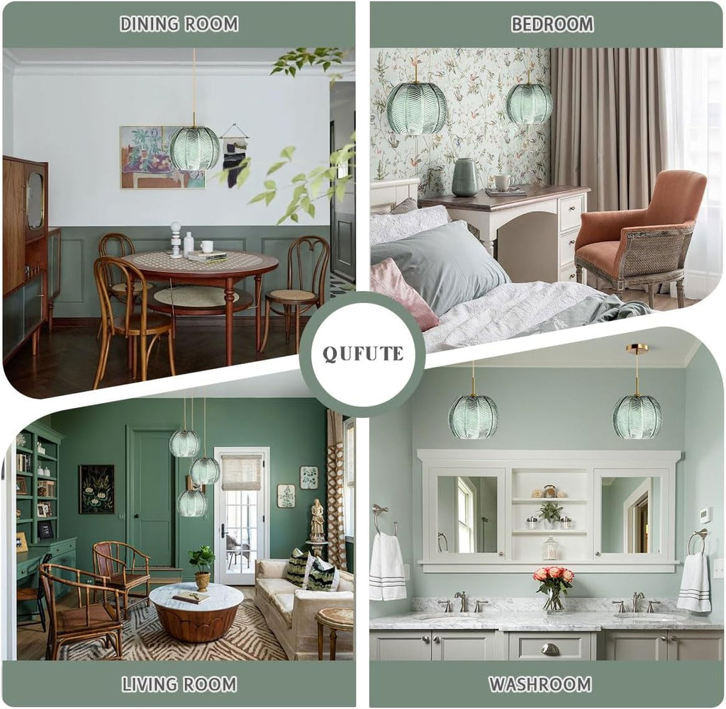 2-Pack Green Ceiling Pendant Light Fixtures for Dining Room Large Gold Globe Kitchen Island Pendant Light Hand-Blown Glass Shade Adjustable Hanging Lights Bedroom Pendant Lights
