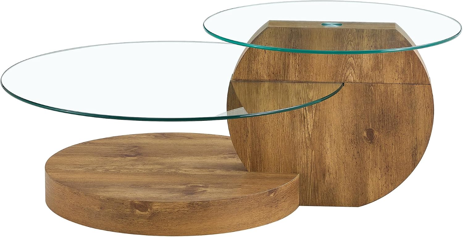 42 Inches Glass Coffee Table, Modern Round Tempered Glass Coffee Tables for Living Room, 3-Tier Circle Wood Coffee Table with Storage Clear Cocktail Table for Small Space Home Office (Wood)