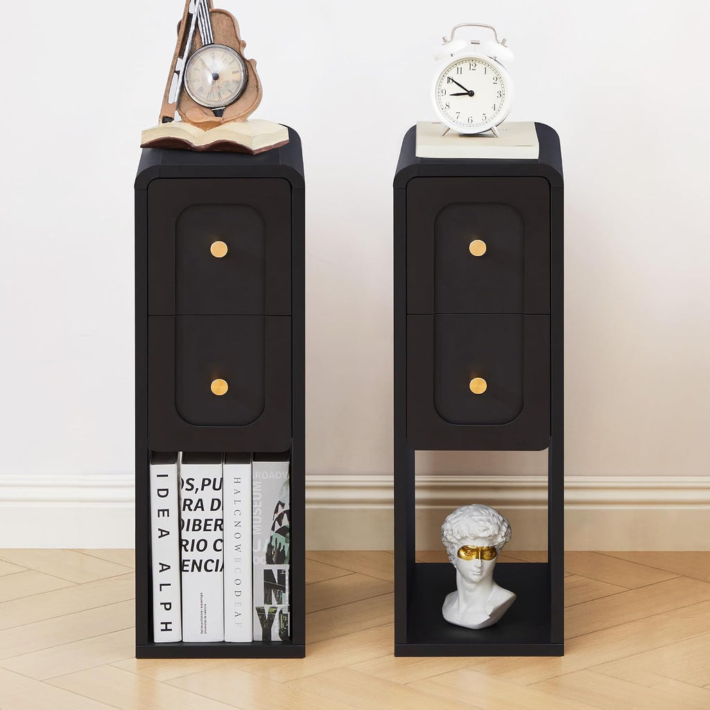 Small Nightstand Set of 2, Wooden Narrow Nightstands with 2 Drawers, Vintage Side End Table for Small Spaces, Skinny Night Stand, Bedside Table for Bedroom, Living Room (Black-2PCS)