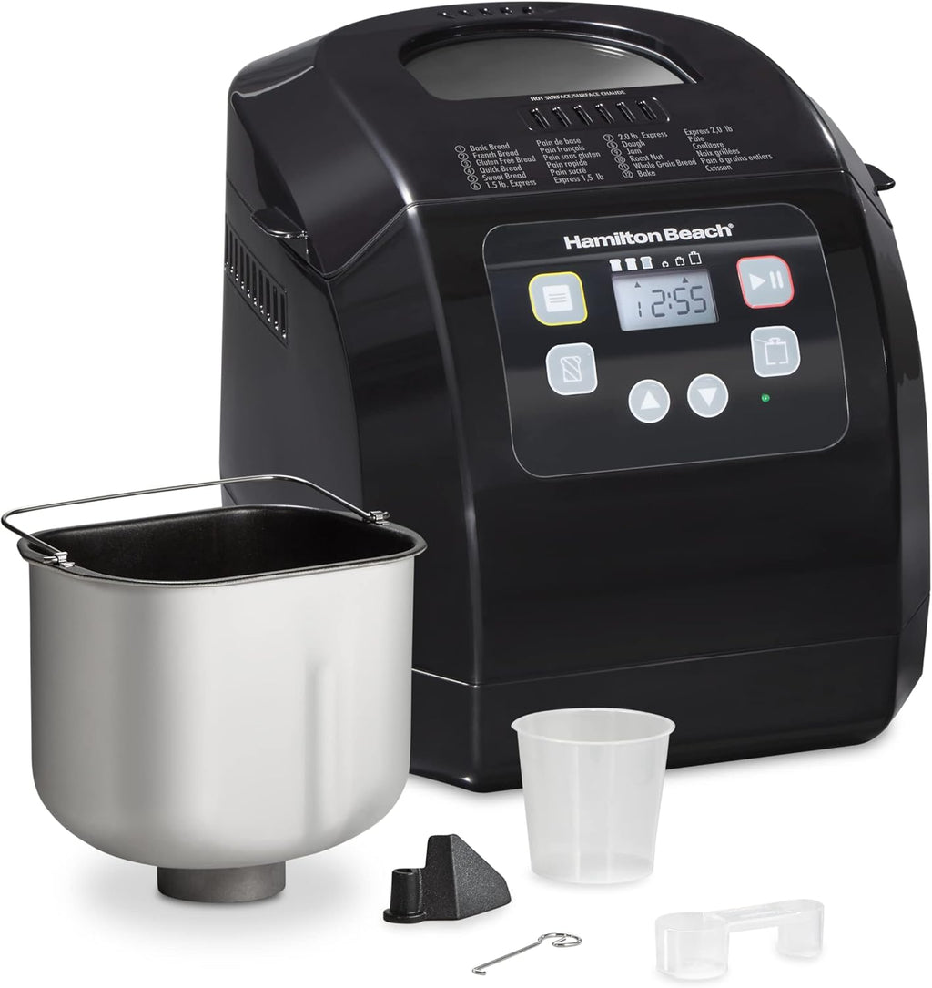 Hamilton Beach Automatic Bread Maker Machine, Digital, Programmable, 12 Settings + Gluten Free, PFAS-Free Nonstick Pan + Kneading Paddle, 2 lb Capacity, Black