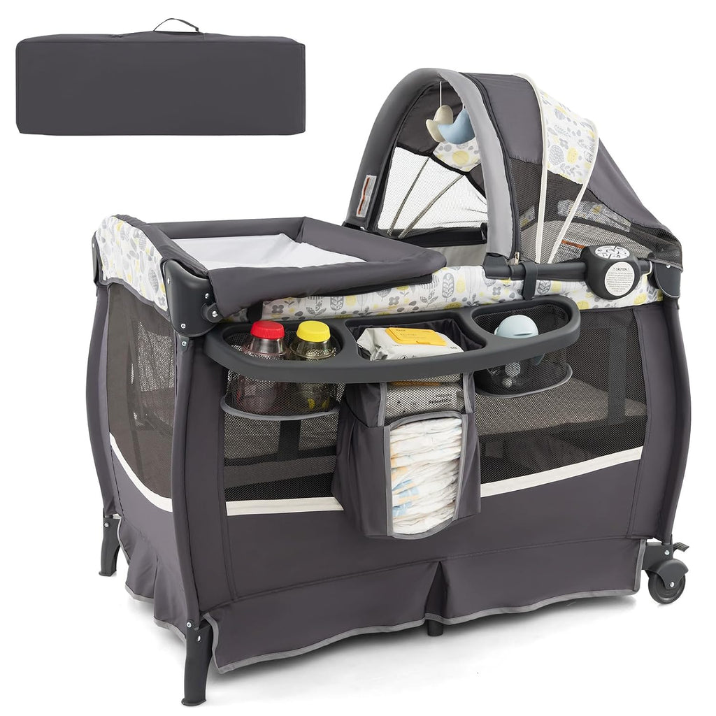 HONEY JOY Pack and Play, 4 in 1 Portable Baby Crib Playpen w/Bassinet, Changing Table, Canopy, Mattress, Music Box, Storage Bag, Foldable Pack and Play for Infant Boys Girls