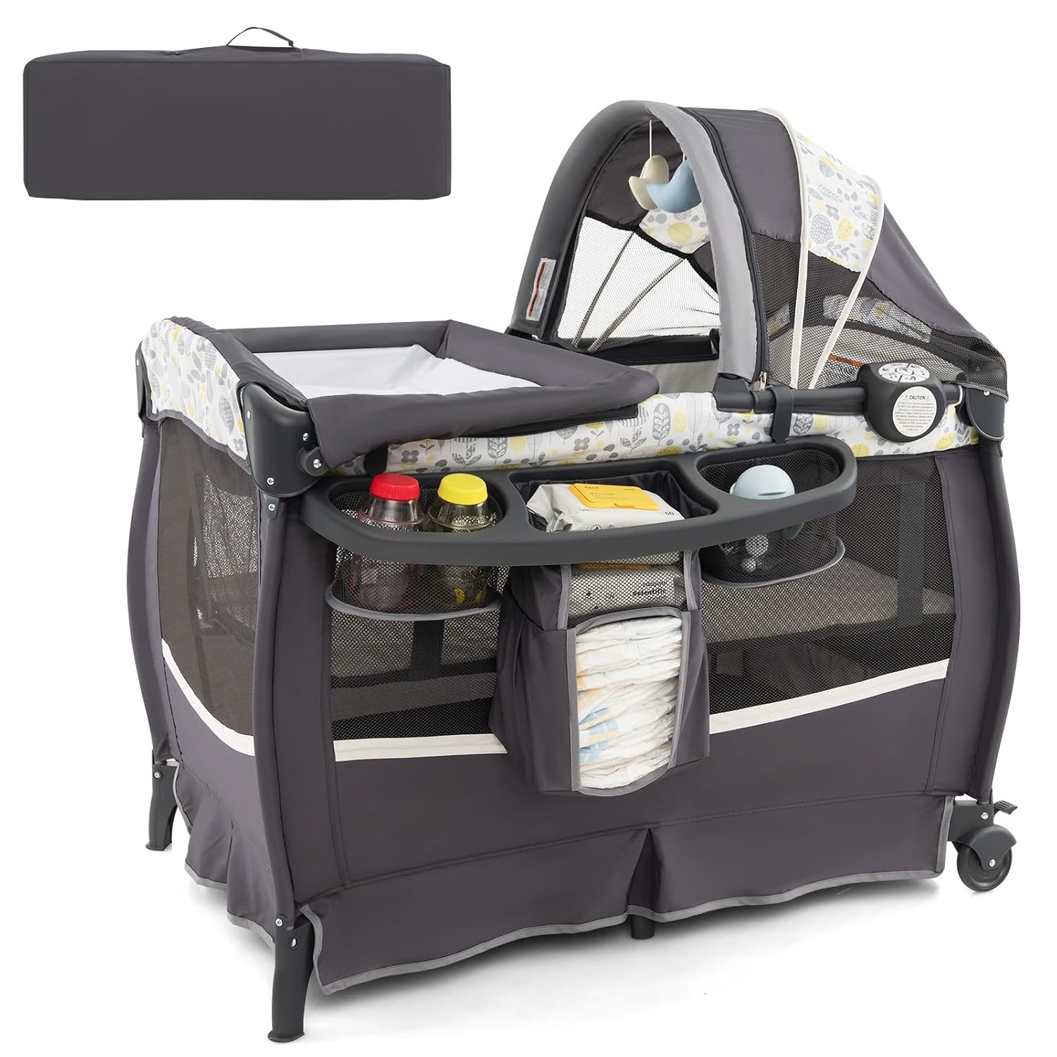 HONEY JOY Pack and Play, 4 in 1 Portable Baby Crib Playpen w/Bassinet, Changing Table, Canopy, Mattress, Music Box, Storage Bag, Foldable Pack and Play for Infant Boys Girls