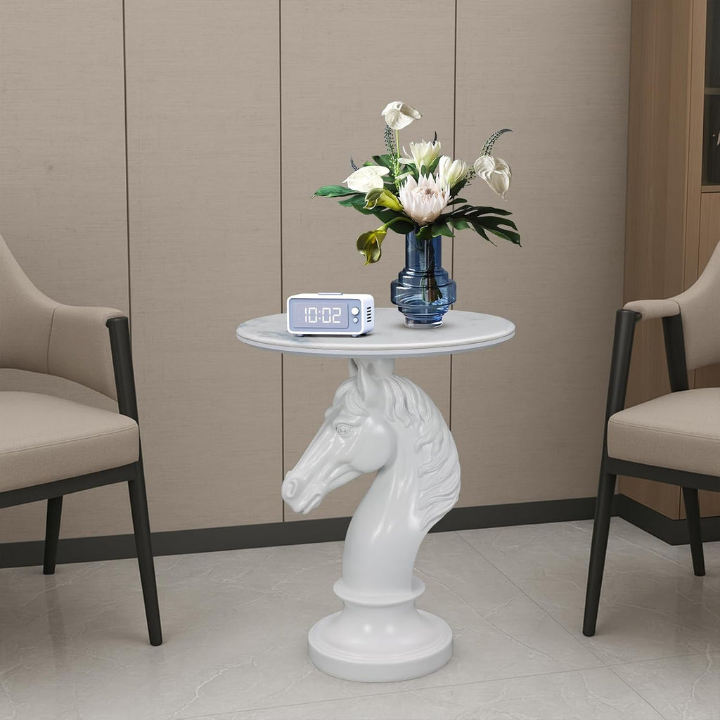Sculptural Horse Head Side Table, Artistic Stallion End Table with Faux Marble Top, Modern Accent Table for Living Room, Unique Home Decor Gift for Housewarming, 19.69' W x 24.8' H