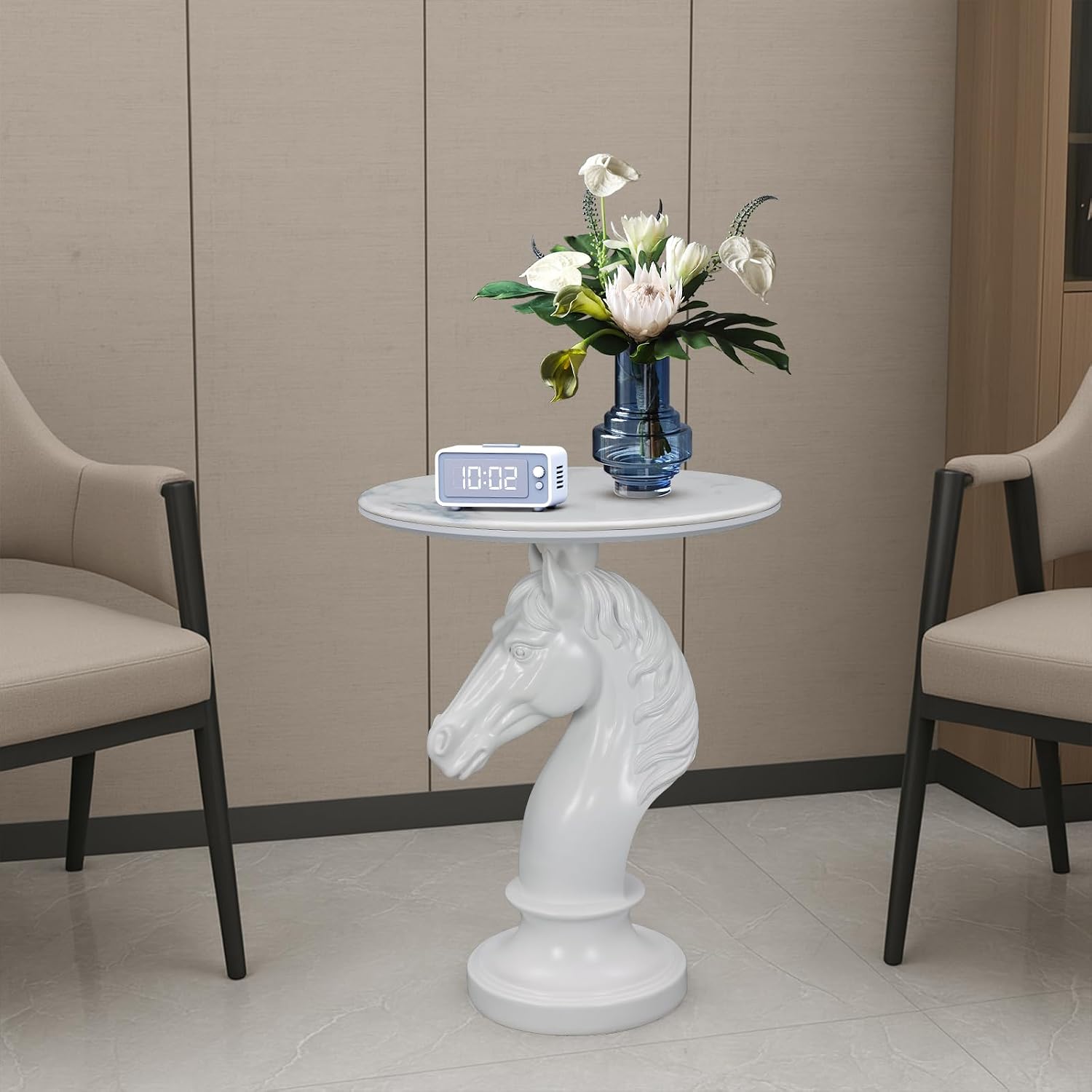 Sculptural Horse Head Side Table, Artistic Stallion End Table with Faux Marble Top, Modern Accent Table for Living Room, Unique Home Decor Gift for Housewarming, 19.69' W x 24.8' H