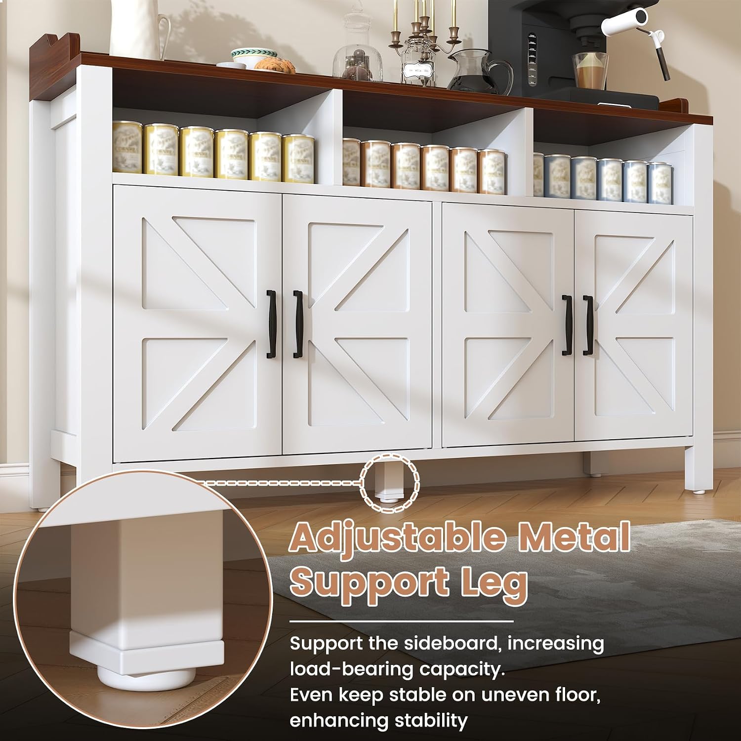VVFLU Buffet Cabinet with Storage Farmhouse with 4 Doors and 3 Open Compartments, 55'' Large Kitchen Storage Cabinet White Wood Coffee Bar Buffet Sideboard for Kitchen, Dining Room, Living Room