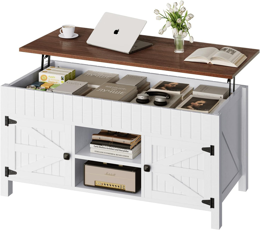 47.3' Lift Top Coffee Table with Storage - White Coffee Tables for Living Room, Farmhouse Wood Center Table, Large Rectangle Middle Tables with Hidden Compartment & Adjustable Shelf