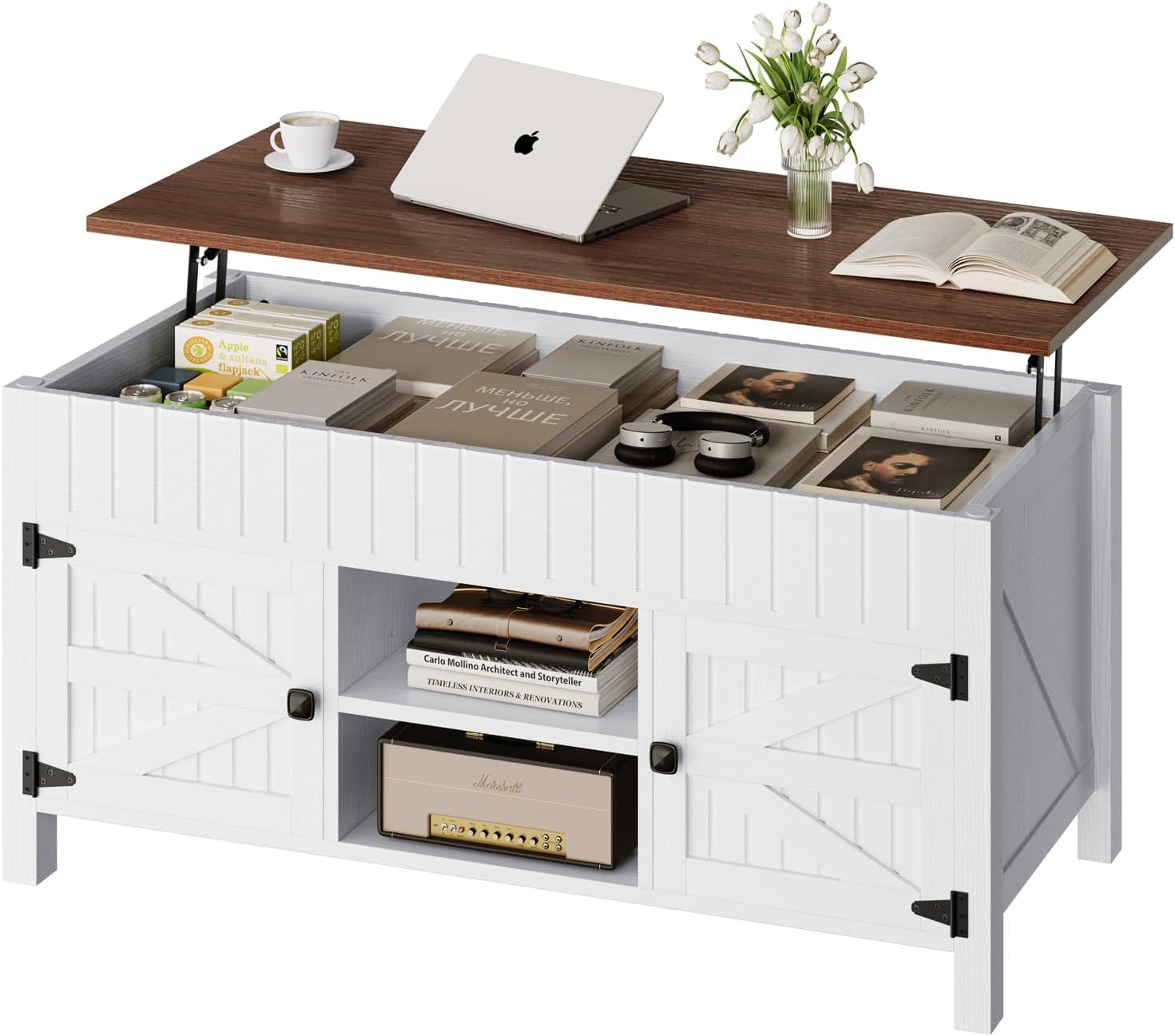 47.3' Lift Top Coffee Table with Storage - White Coffee Tables for Living Room, Farmhouse Wood Center Table, Large Rectangle Middle Tables with Hidden Compartment & Adjustable Shelf
