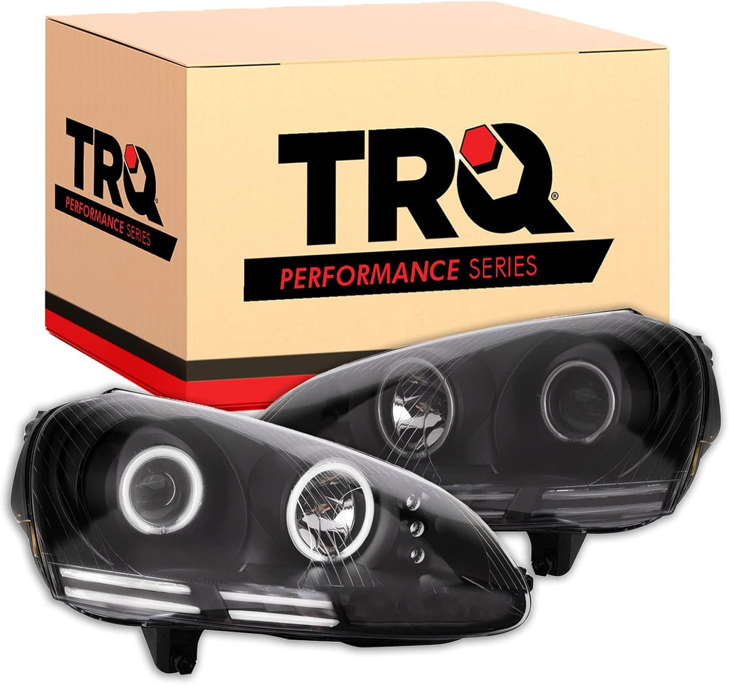 TRQ Performance Driver and Passenger Side Headlight Assembly Set Black Housing Compatible with 05-10 VW Jetta