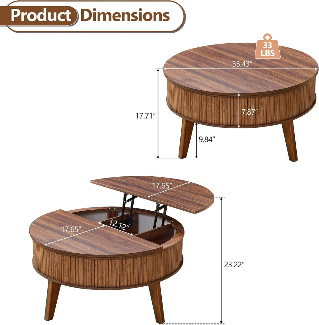 Round Lift Top Coffee Table with Storage, 35.4'' Fluted Wood Center Table Mid Century Modern Coffee Table with Lifting Top for Living Room, Office, Small Space (Walnut)