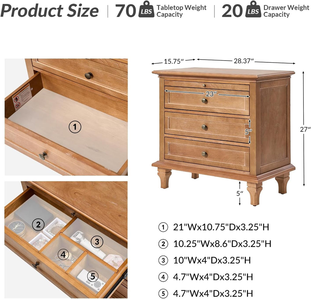 HULALA HOME End Table Set of 2 with Tray, Farmhouse 3 Drawer End Table with Solid Wood Legs, Drawer Organizer with Charging Station, Acorn