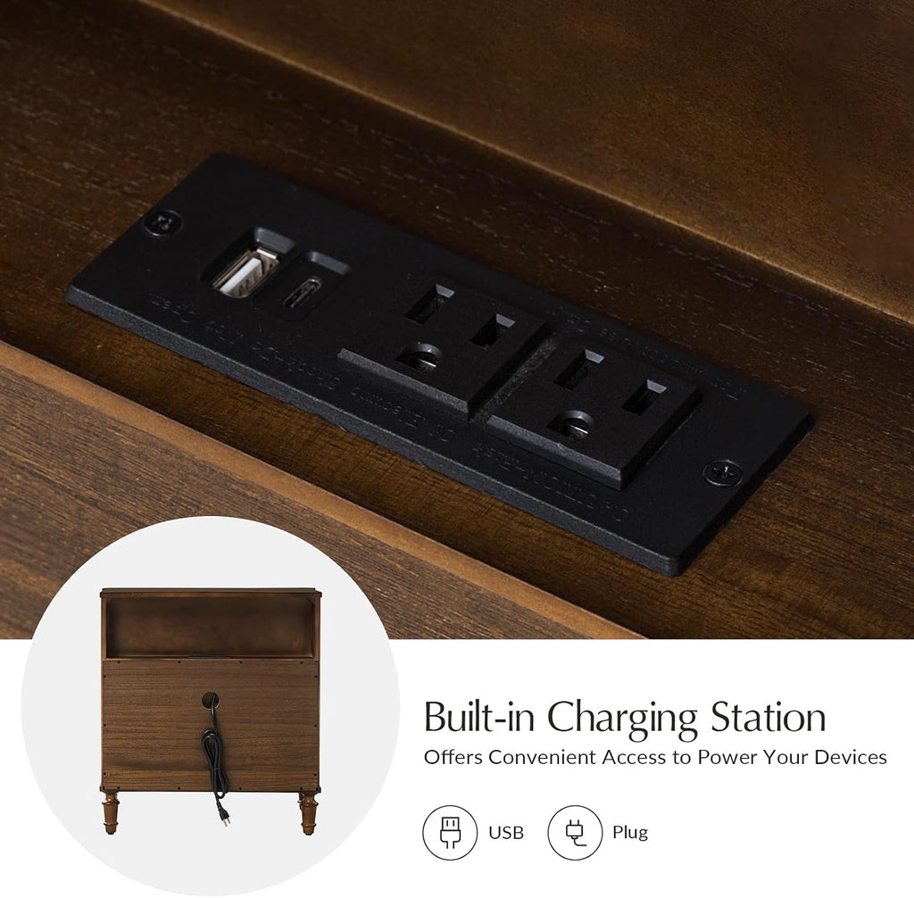 HULALA HOME 3 Drawer End Table with Charging Station, 26' Wide Endtable with Solid Wood Legs and Curved Profile, Classic Side Table for Living Room, Walnut