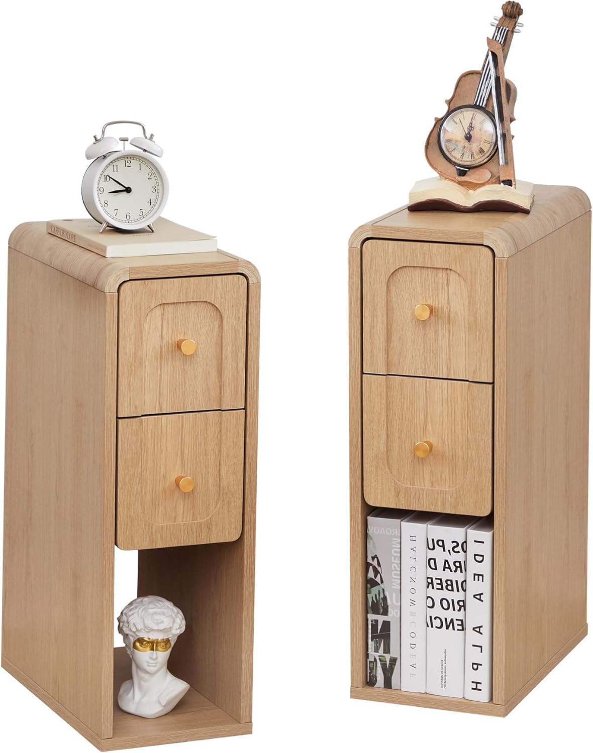 Small Nightstand Set of 2, Wooden Narrow Nightstands with 2 Drawers, Vintage Side End Table for Small Spaces, Skinny Night Stand, Bedside Table for Bedroom, Living Room (Natural-2PCS)