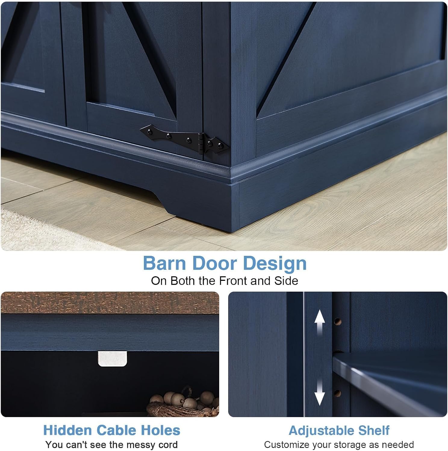 Barnyatoh Farmhouse End Table with Charging Station,24' Large Side Table with Barn Door, Rustic Wood Square Nightstand Bedside Table with Adjustable Storage Shelf for Living Room, Bedroom,Navy Blue