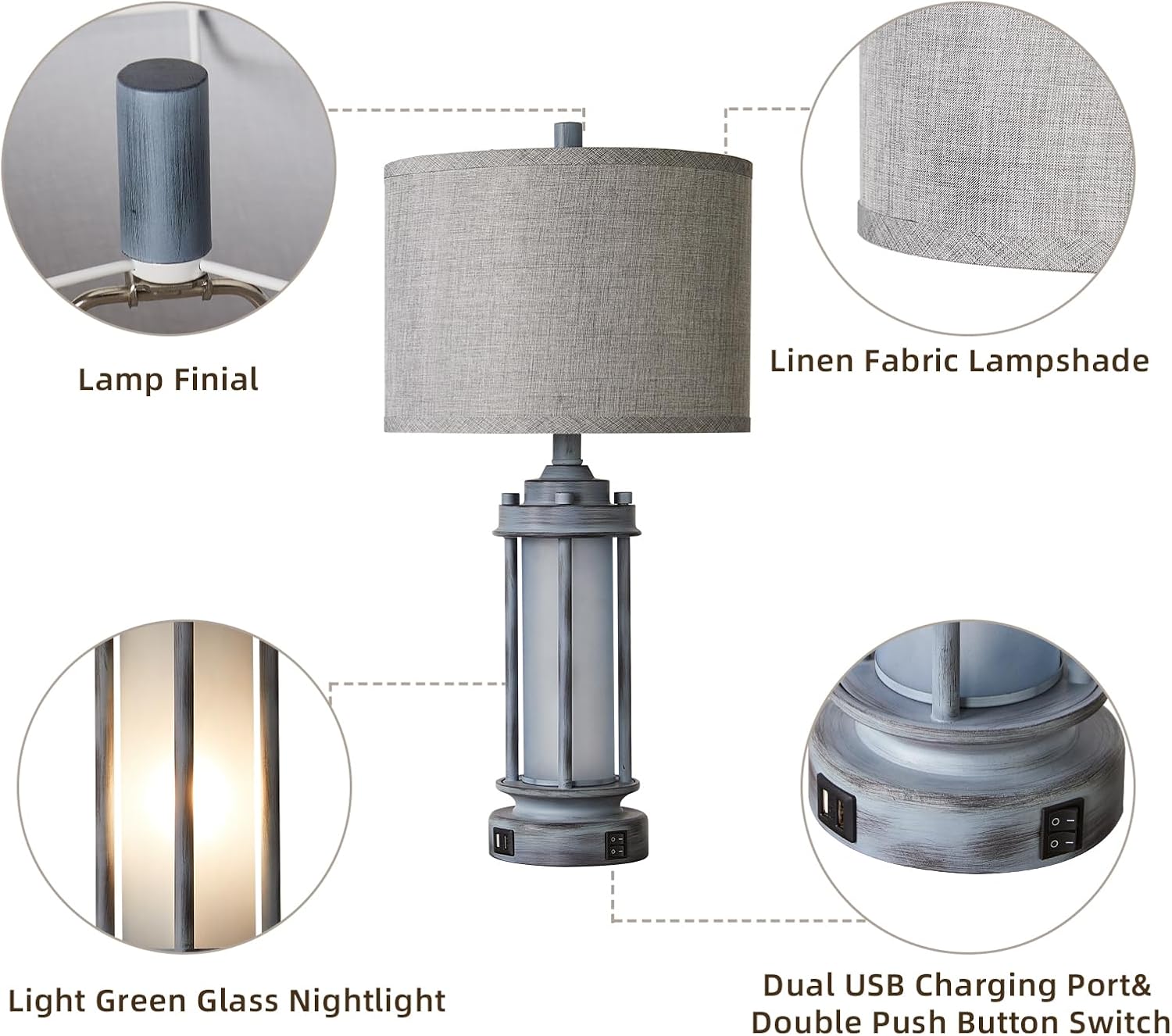 AIEAMPDO Set of 2 Rustic Table Lamps for Living Room, Farmhouse Vintage Nightstand Lamp with 2 USB Ports, Antique Retro Light Green Glass Night Light for Bedroom Entryway, 4 Bulbs Included