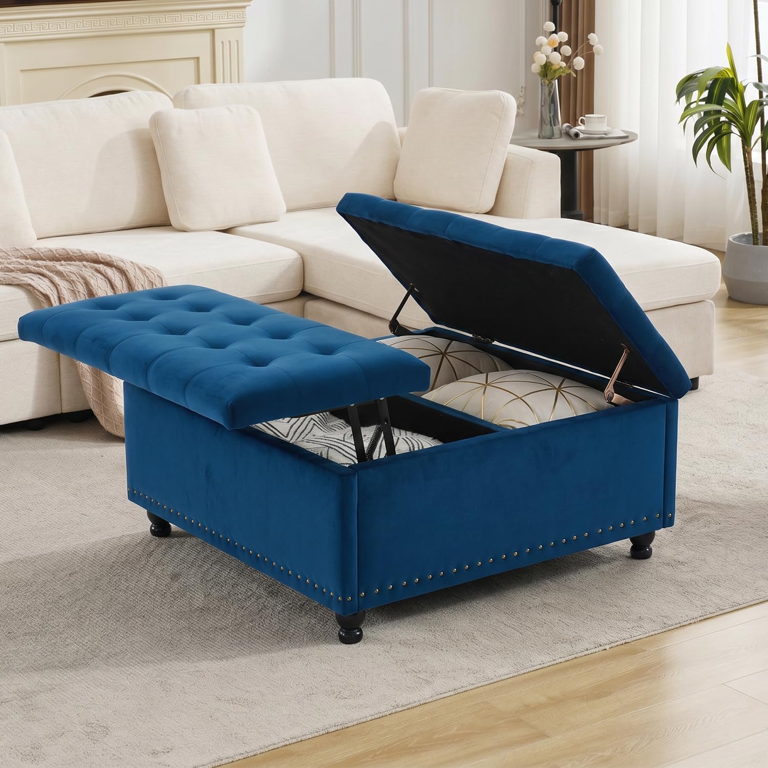 Tbfit Large Square Storage Ottoman Bench, Tufted Upholstered Coffee Table Ottoman with Lift Top & Wooden Legs, Oversized Storage Ottomans Toy Box for Living Room (Blue Velvet)