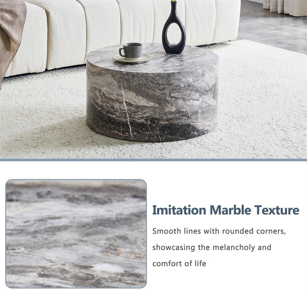 Round Coffee Table Living Room Table - Modern Faux Marble Design with Wood Accents in Grey,No Assembly Required - Ready to Use,Space-Saving