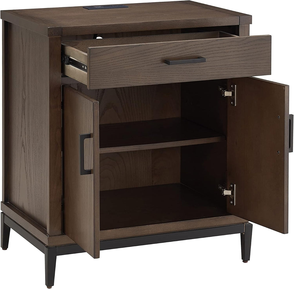 Leick Home Julien Nightstand Side Table One Drawer and Lower Cabinet Traditional – Fast Charging Station – Durable Solid Wood – Living Room, Bedroom, Office, Coffee Bean with Matte Black, 9079-GRMB