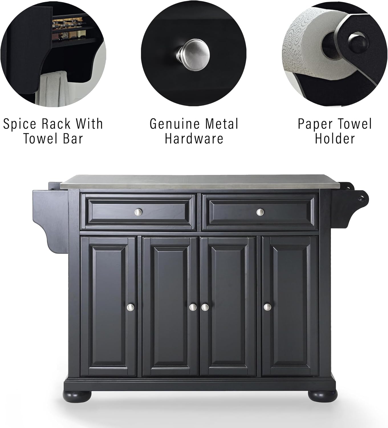 Crosley Furniture Alexandria Stainless Steel Top Rolling Kitchen Island Storage Cart, Spice Rack, Black