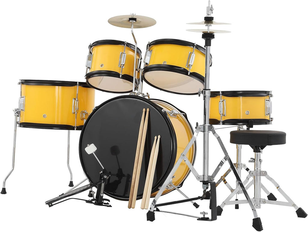 5-Piece 16 Inch Kids Drum Set, Junior Drum Kit with Bass Drum, Snare, 2 Toms, Cymbal, Hi-Hat, Throne Stool, Drumsticks & Pedals, Musical Gift for Beginner Students Ages 4+(Yellow)