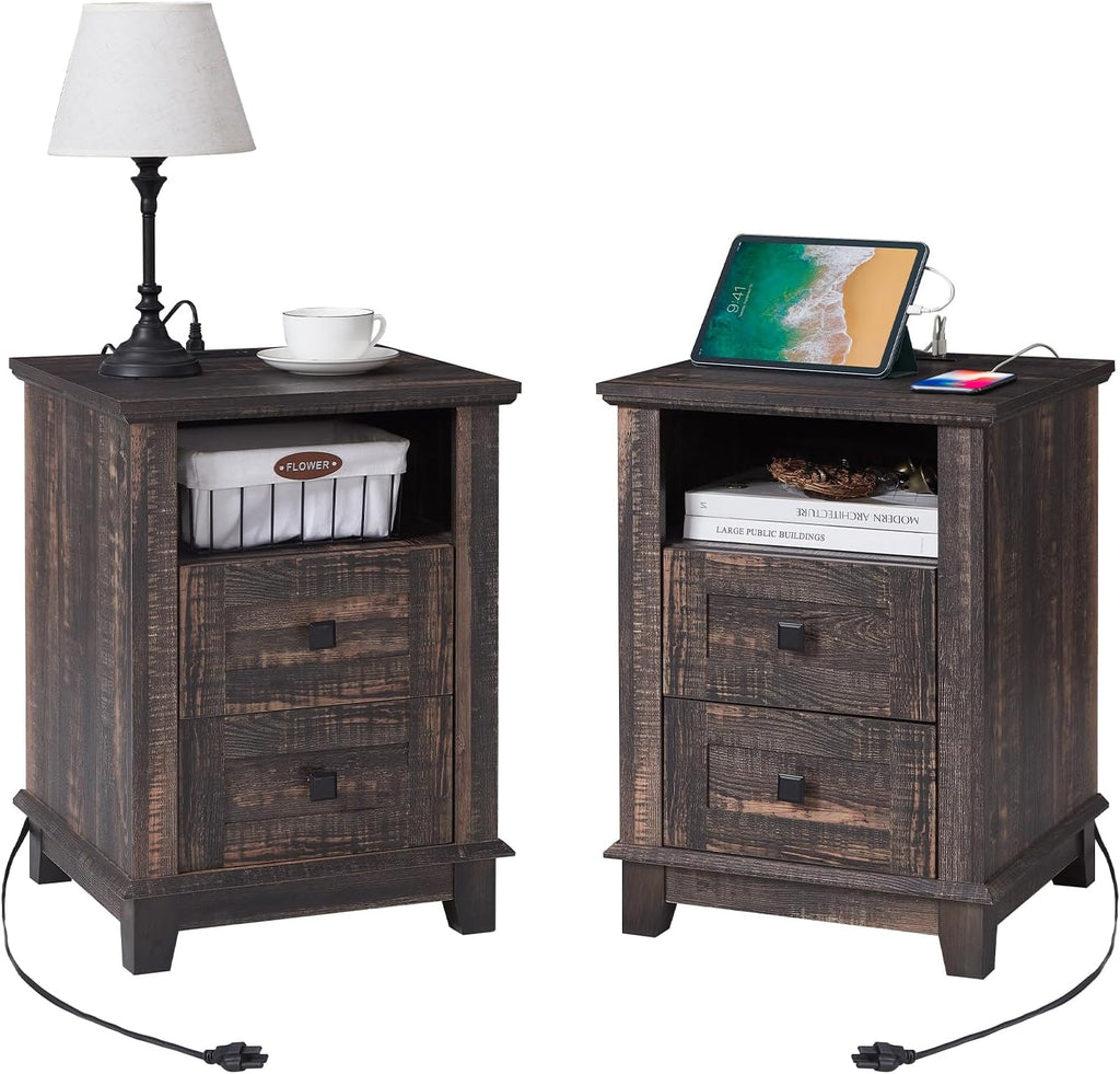 AMERLIFE 18' Farmhouse Nightstand Set of 2, End Table with Charging Station, with 2 Storage Drawers, Bedside Table with USB Ports, Rustic Oak Black