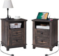 AMERLIFE 18' Farmhouse Nightstand Set of 2, End Table with Charging Station, with 2 Storage Drawers, Bedside Table with USB Ports, Rustic Oak Black