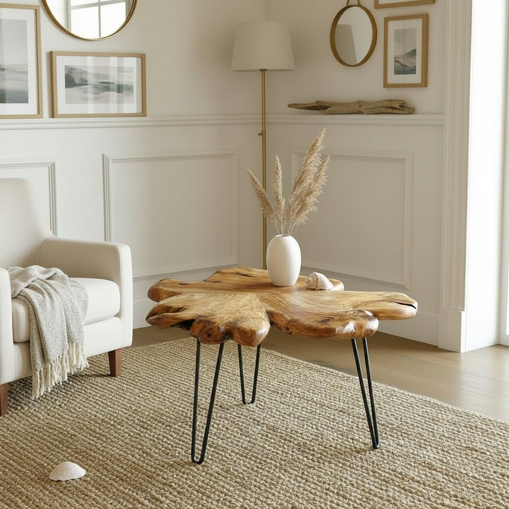 WELLAND Rustic Cedar Live Edge Coffee Table with Hairpin Legs, Natural Wood, 28' x 27' x 16'