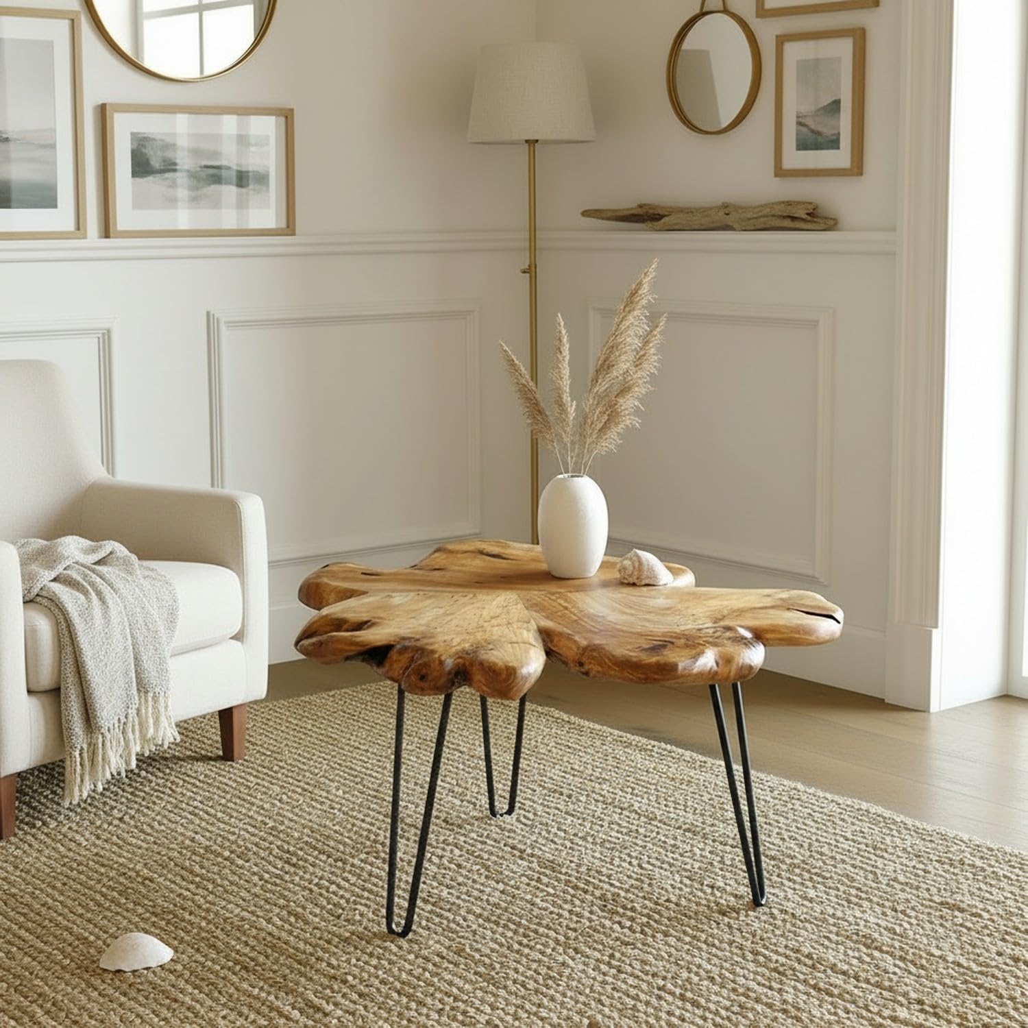 WELLAND Rustic Cedar Live Edge Coffee Table with Hairpin Legs, Natural Wood, 28' x 27' x 16'