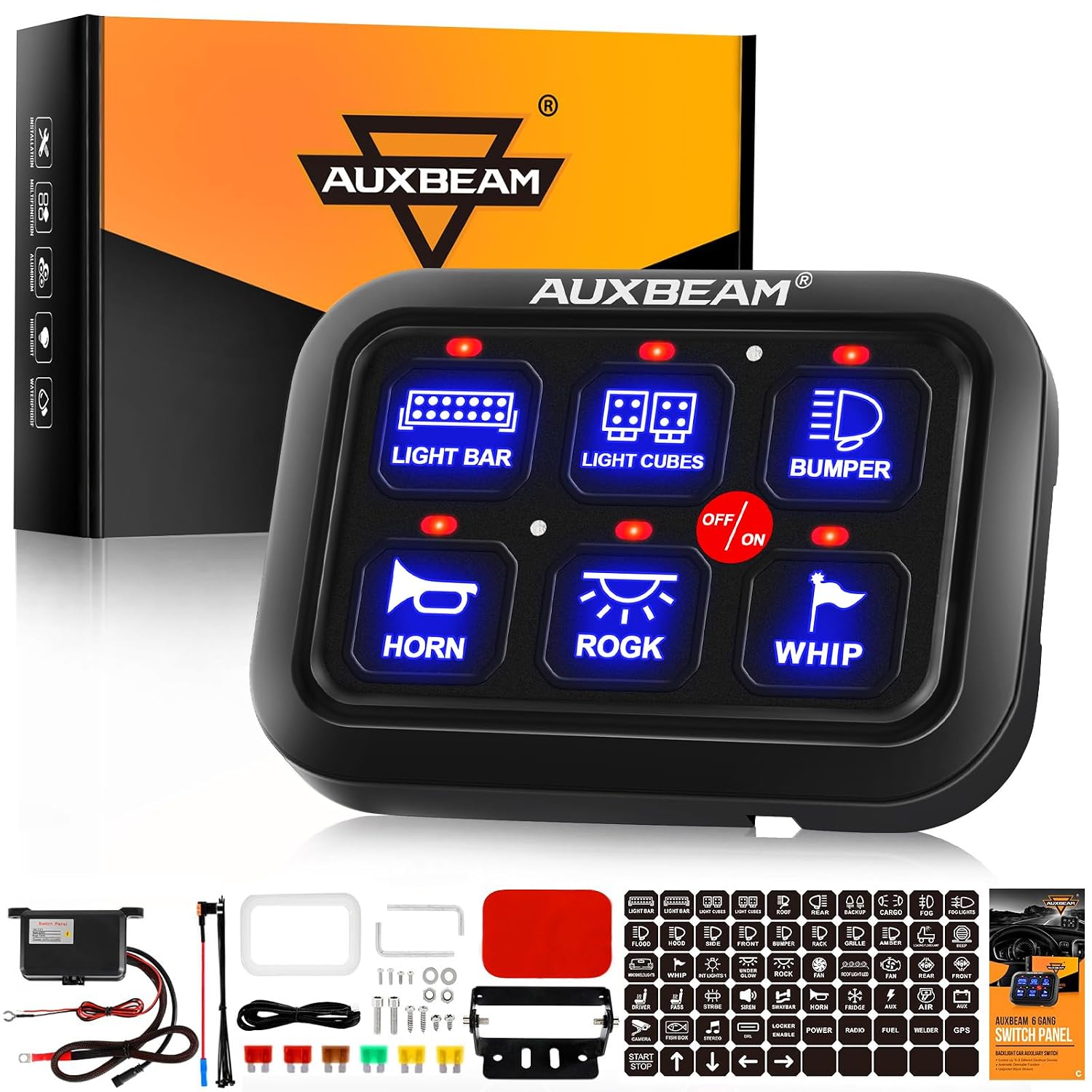 Auxbeam 6 Gang Switch Panel BC60, Universal Circuit Control Relay System Box with Automatic Dimmable On-Off LED Switch Pod Touch Switch Box for Car Pickup Truck UTV ATV Boat, 3 Years Warranty, Blue
