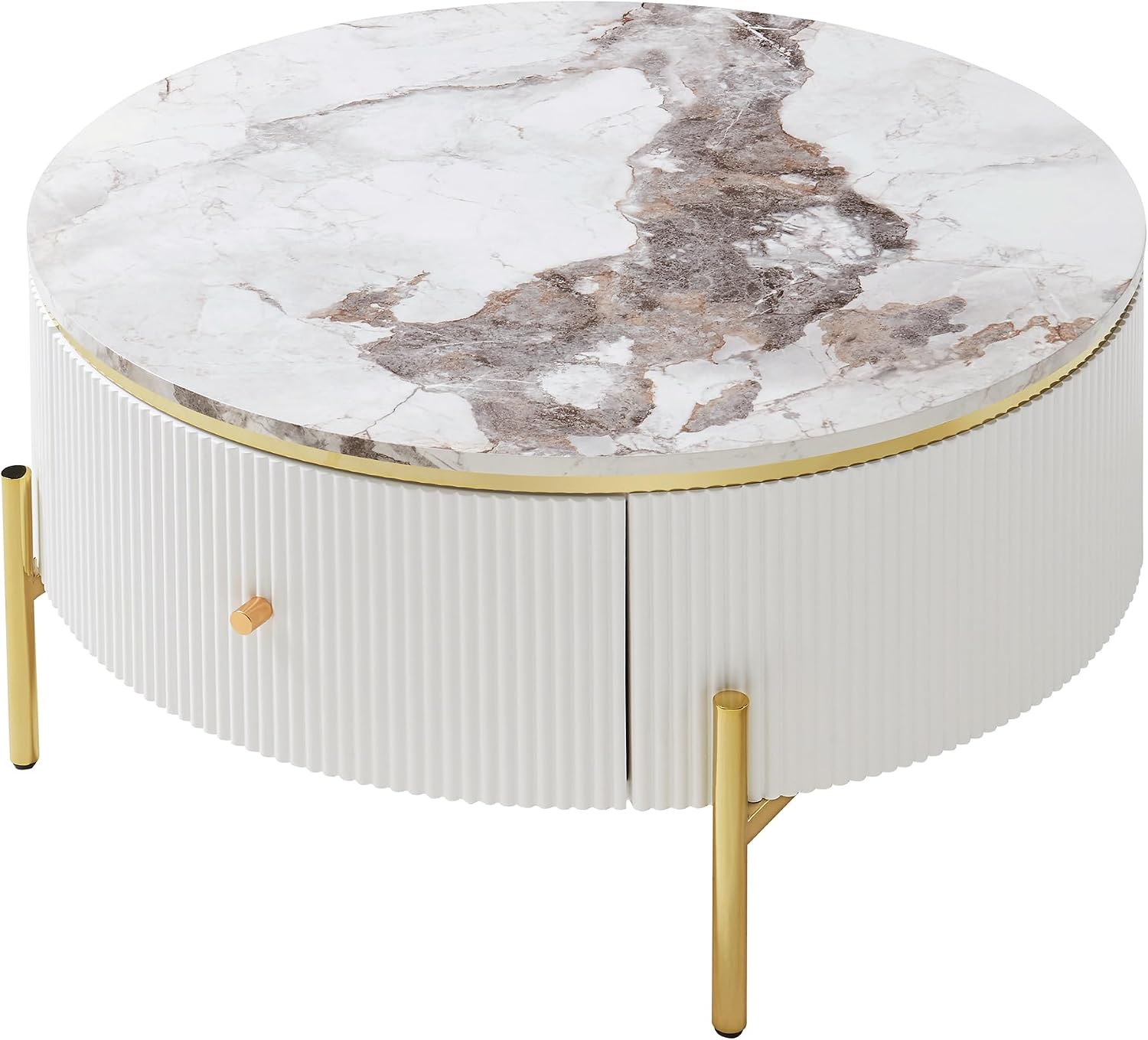 Merax 31.5'' Round Wood Coffee Table, with 2 Large Drawers Storage, Modern Marble Top, with Gold Metal Legs Center Tables for Living Room Apartment, Off White