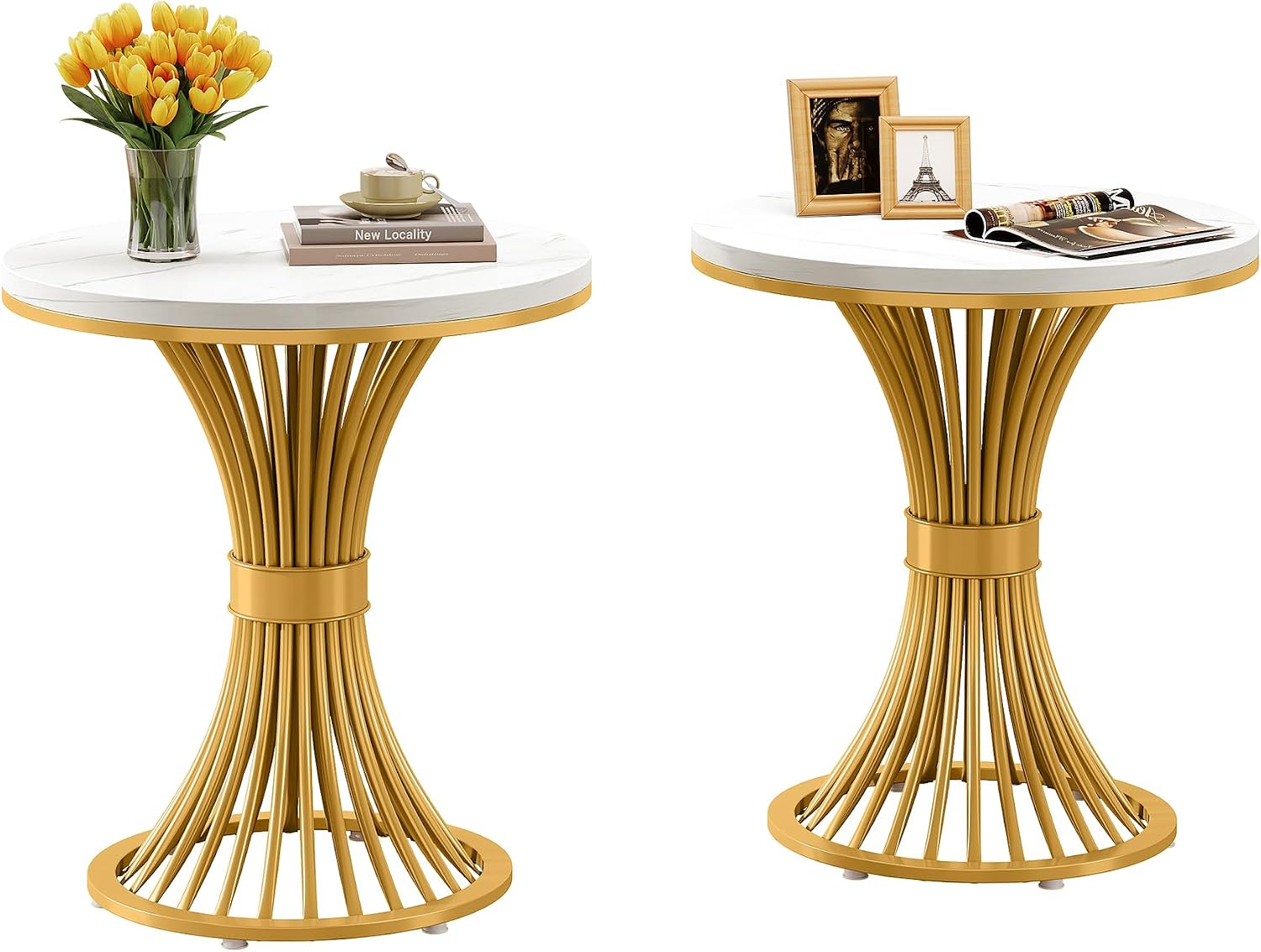 Tribesigns Round End Table, Modern Faux Marble Side Table with Gold Metal Base, Small White Gold Bedside Nightstand, Wooden Accent Table for Living Room, Bedroom, Sofa Side, White & Gold