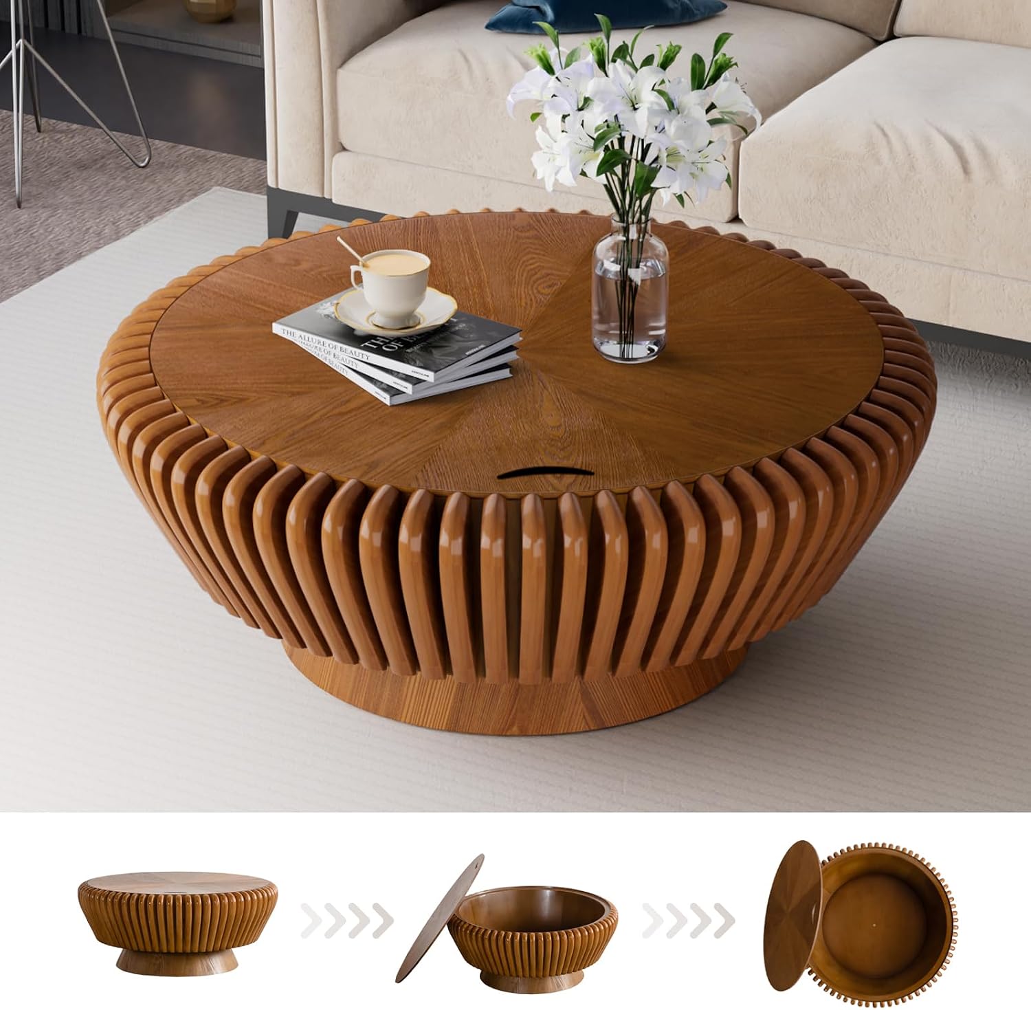 Round Coffee Table with Storage, Mid Century Modern Drum Coffee Table for Living Room, Fluted Circle Center Table with Sturdy Pedestal, Accent Tea Table for Apartment (35.4' Brown with Storage)